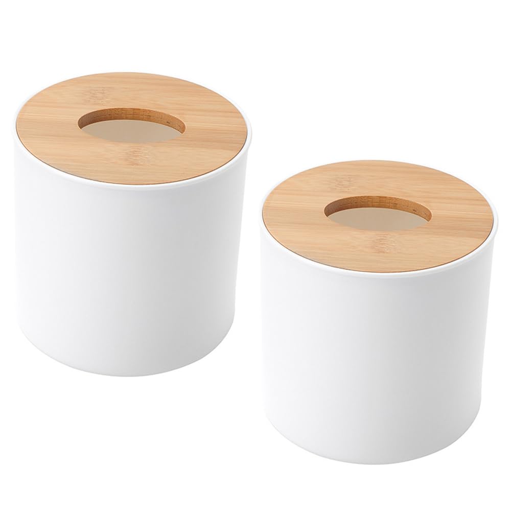 Cabilock Round Tissue Box Cover - Wooden Toilet Paper Holder Case and Facial Tissue Dispenser for Bathroom, Kitchen, Living Room (Boho Decor, 2Pcs)