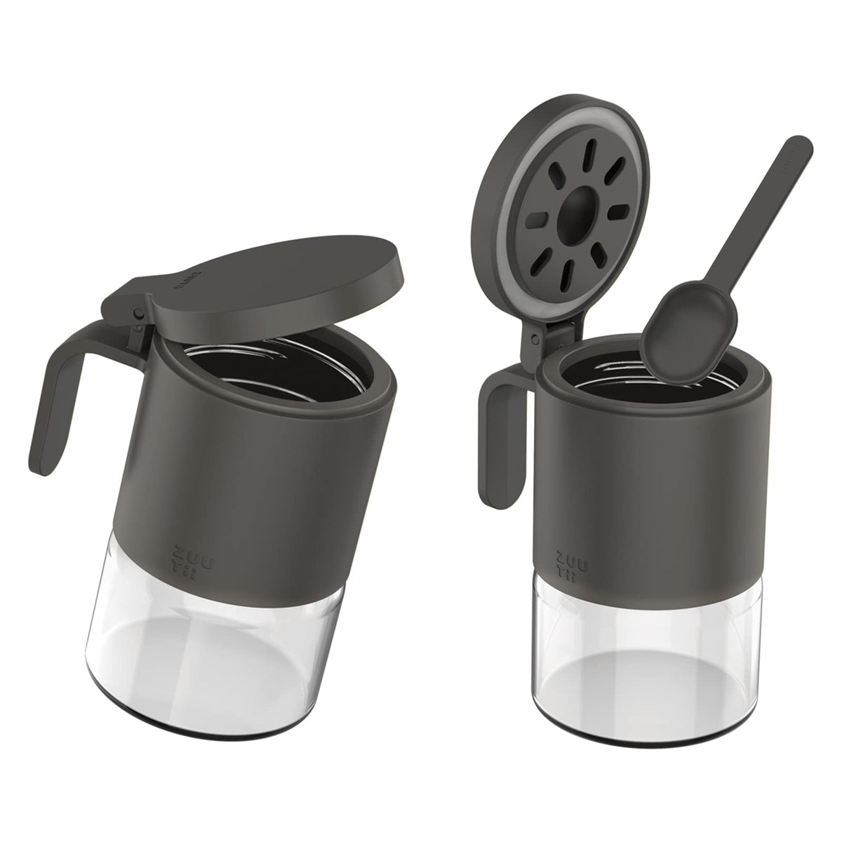 Zuutii Glass Spice Jars Moisture-Proof Spice Containers with Spoons, Set of 2 10oz/300ml Spice Bottles, Mini Seasoning Storage Jars with Flapper Caps for Salt, Sugar, Peppers, Chili in Kitchen Grey