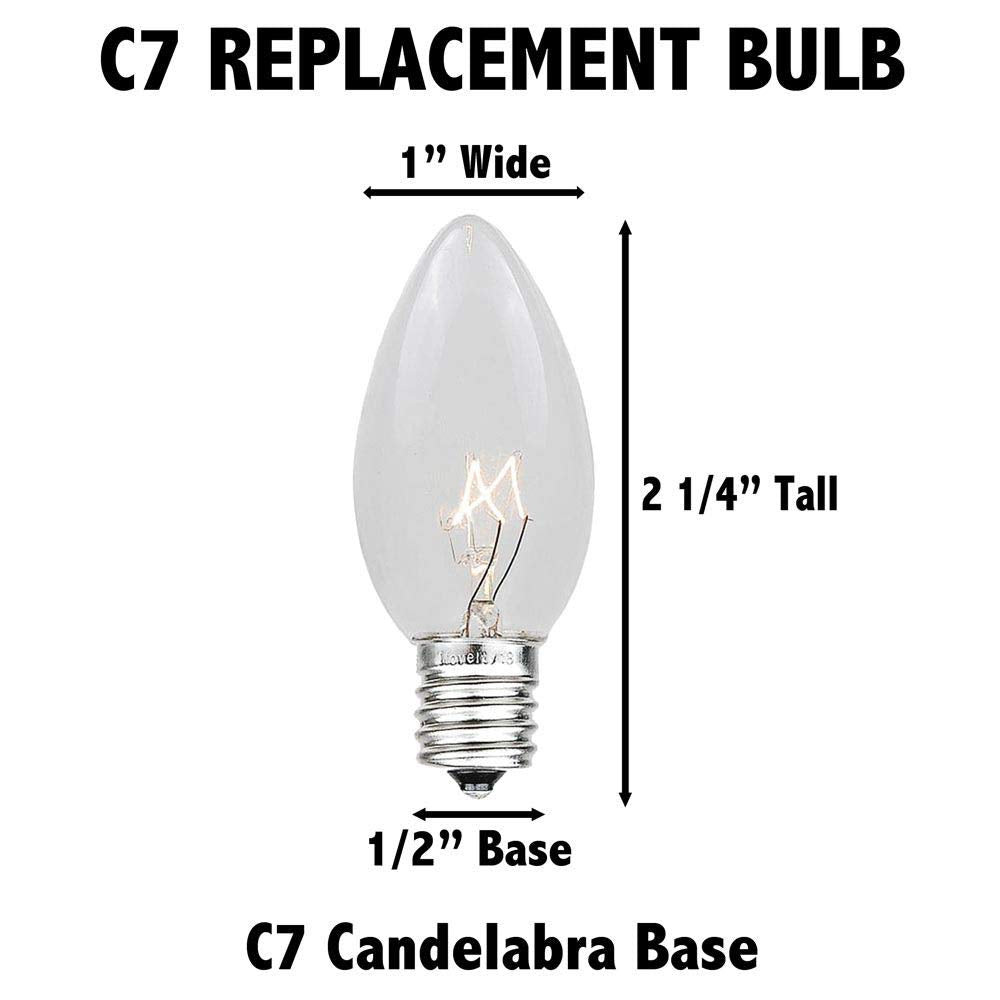 Novelty Lights Christmas Replacement Bulbs - Outdoor Individual Bulbs for Events, Holiday Parties, Patios, and More - C7/E12 Candelabra Base, 5 Watt Lights (Green, 25 Pack)