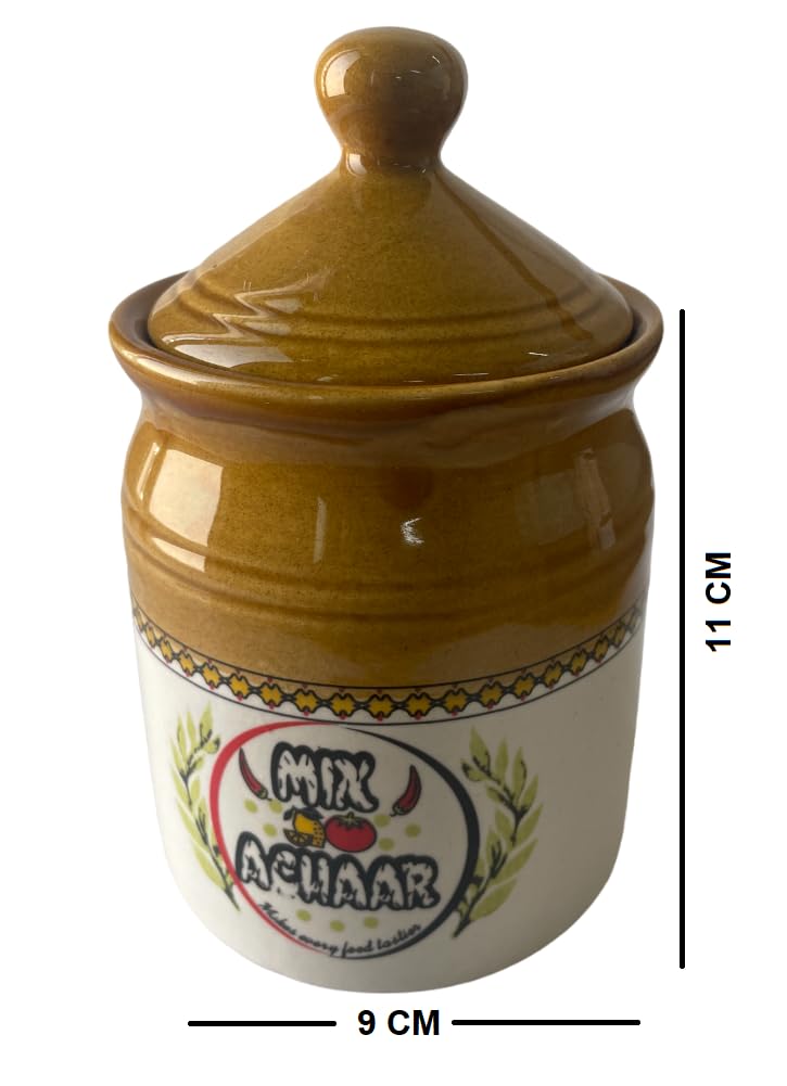 ADHAATA Indian Ceramic Pickle Pot With Lid | 500g Achar Barni | 500ml Kitchen Storage JAR Container | Store Achar, Salt, Ghee, Murabba, Dry Spices (Pack of 2)