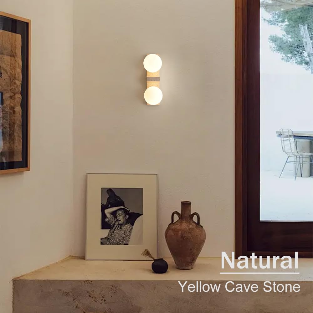 OROILUPU Yellow Travertine Wall Sconce, 9.1" Wabi Sabi Wall Sconces with Double White Spherical Lampshade and Travertine Stone Base, Modern Natural Stone Wall Light for Bedroom Living Room Kitchen