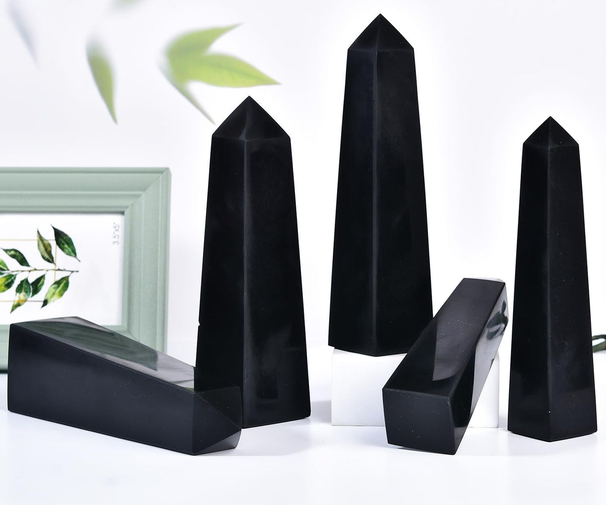 JIC Gem Black Obsidian Large Healing Crystals Wand 4 Faceted Crystal Point Obelisk Gemstone Natural Reiki Energy Stone for Meditation Crystal Grid Decoration 1.1-1.7 Lbs