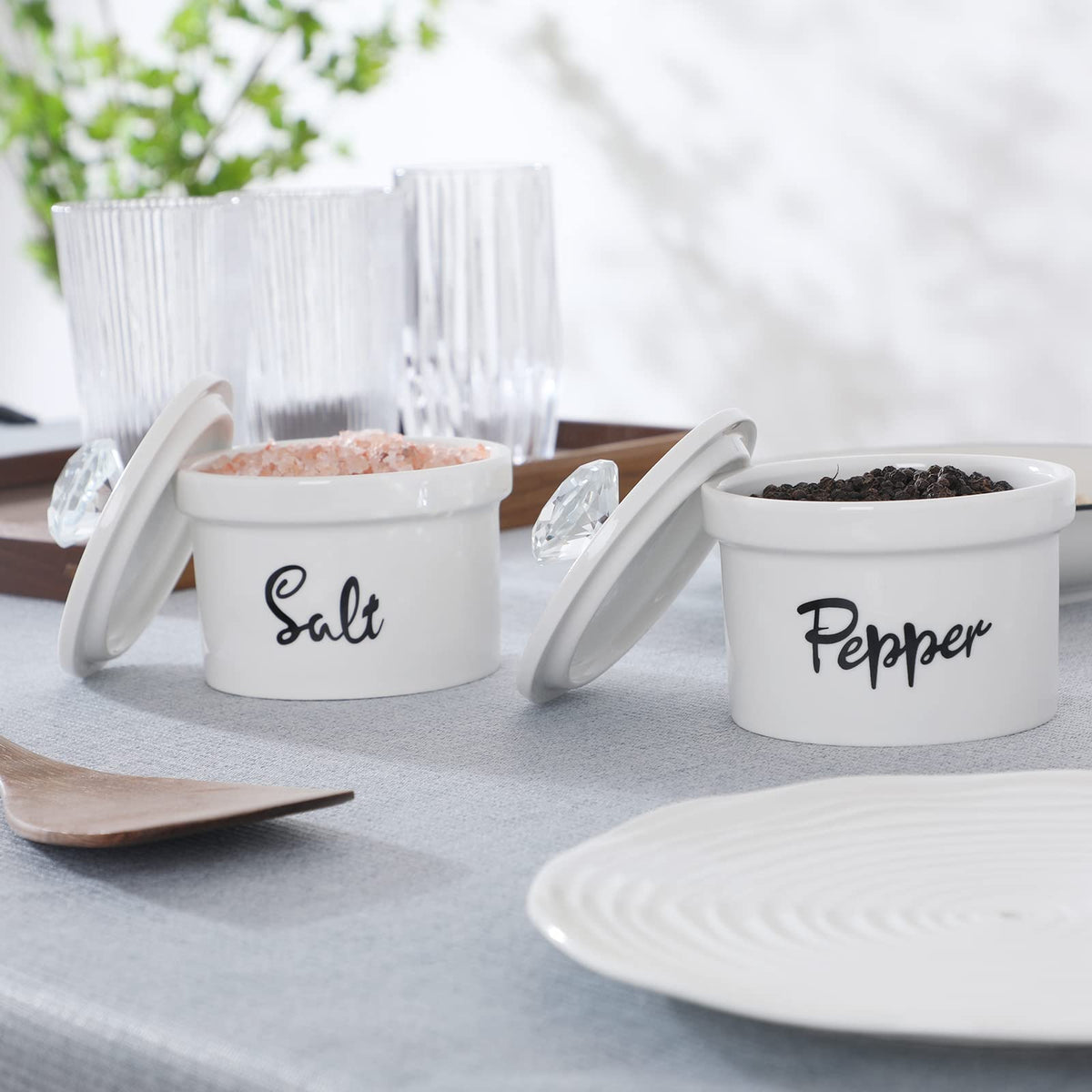 HAOTOP Salt and Pepper Bowls with Crystal Lid, 12.5 oz Ceramic Salt Pepper Container for Countertop,Farmhouse Kitchen Decor, Set of 2 (Silver)