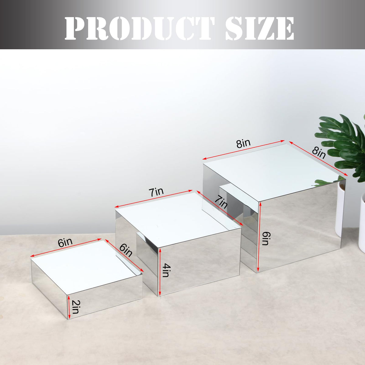 DIICCYO Glossy Silver Acrylic Boxes Dessert Collection Jewelry Perfume Display Stand Shelf, Hollow Bottom Cube Organizer Countertop Nesting Risers for Hangbag Shoe Home Boutique Retail Store, 3Pcs