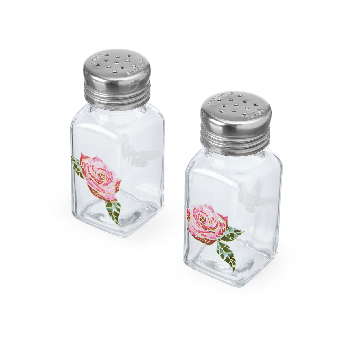 Dolly Parton Glass Salt and Pepper Shakers with Mosaic Rose Design, Easy to Fill, Set of 2, 3 Ounce