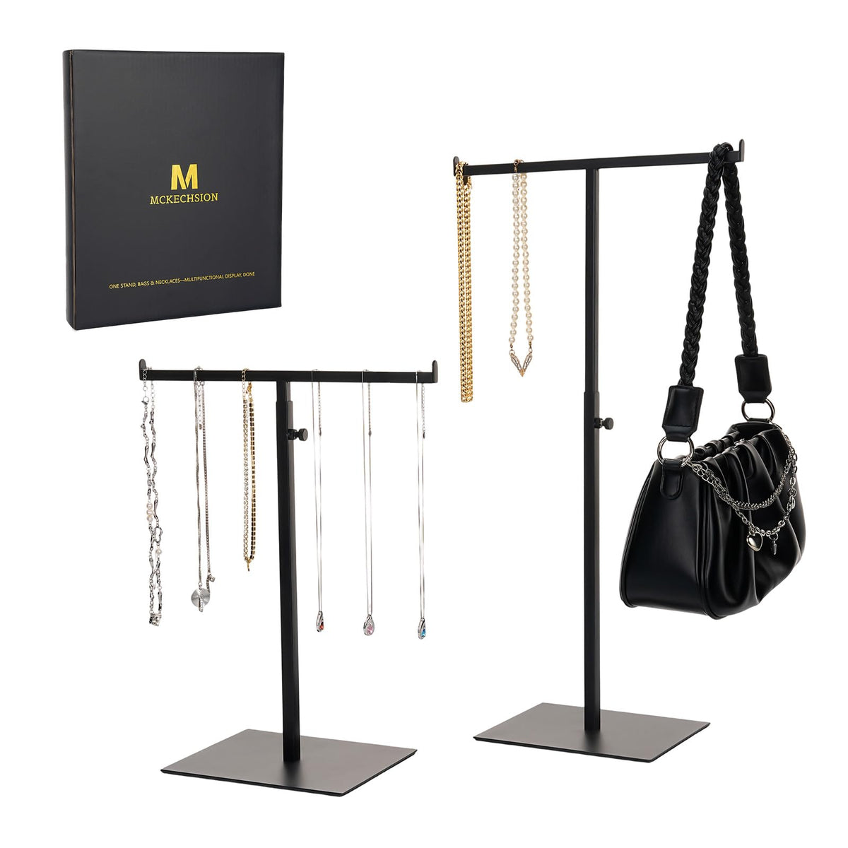 Purse Display Stand Jewelry Towers - 2 Pack Purse Stand Handbag Bag Display Black Tabletop Stainless Steel Hook Hanging Jewelry Stands for Necklaces Organizer Adjustable Height Home Store Boutique