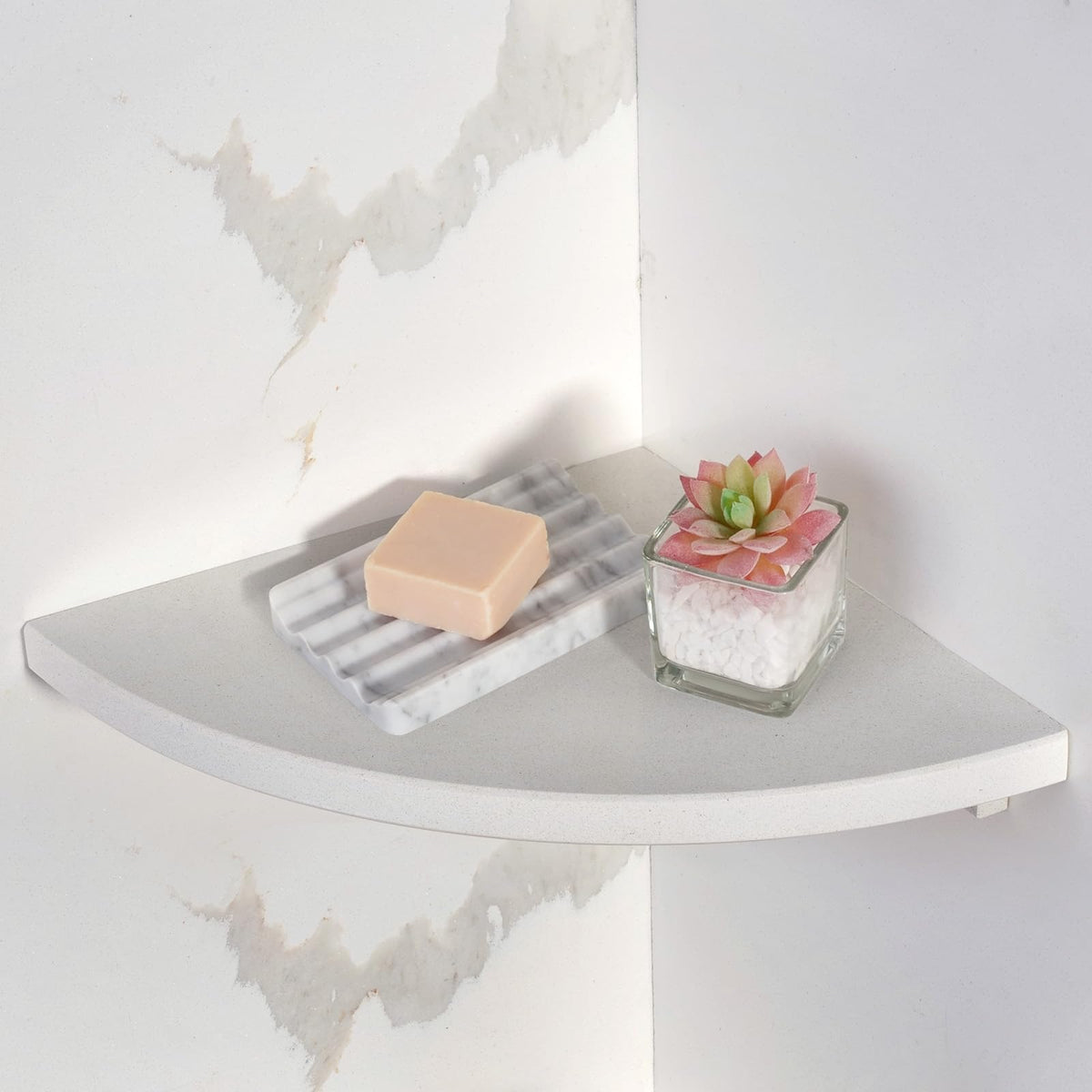 Koville Natural Marble Corner Shower Shelf for Bathroom, 10'' Polished Marble Corner Shelves, Wall Mounted Stone Corner Shower Caddy, No Drilling Adhesive Shelf - White Cliff (No Glue Included)