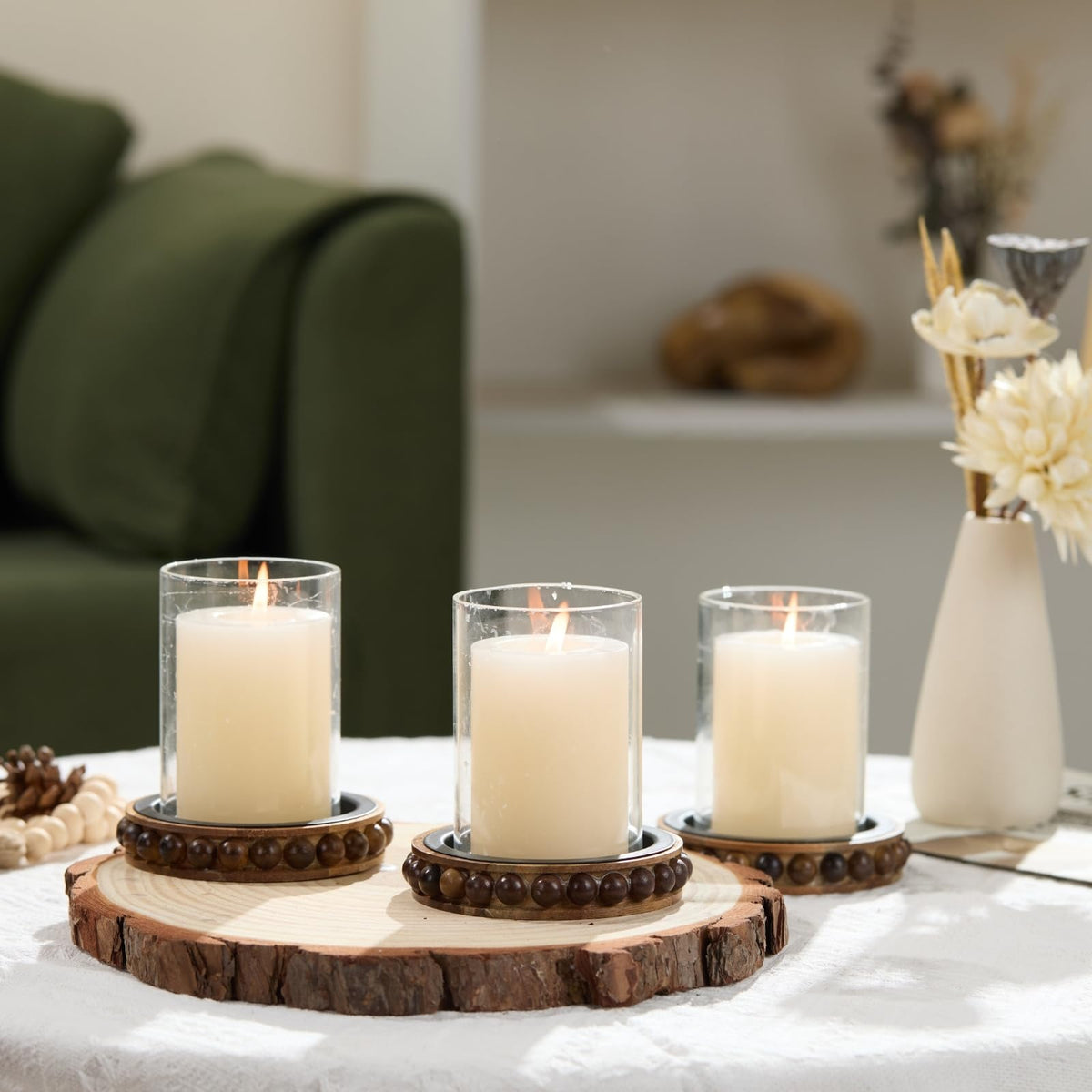 THORNIA Wooden Candle Holders for Pillar Candles, Set of 3 Acacia Wood Beaded Plate with Metal Cup Inserts, 4 Inch Rustic Farmhouse Tray Stand for Fireplace Mantel, Table Centerpiece Decor