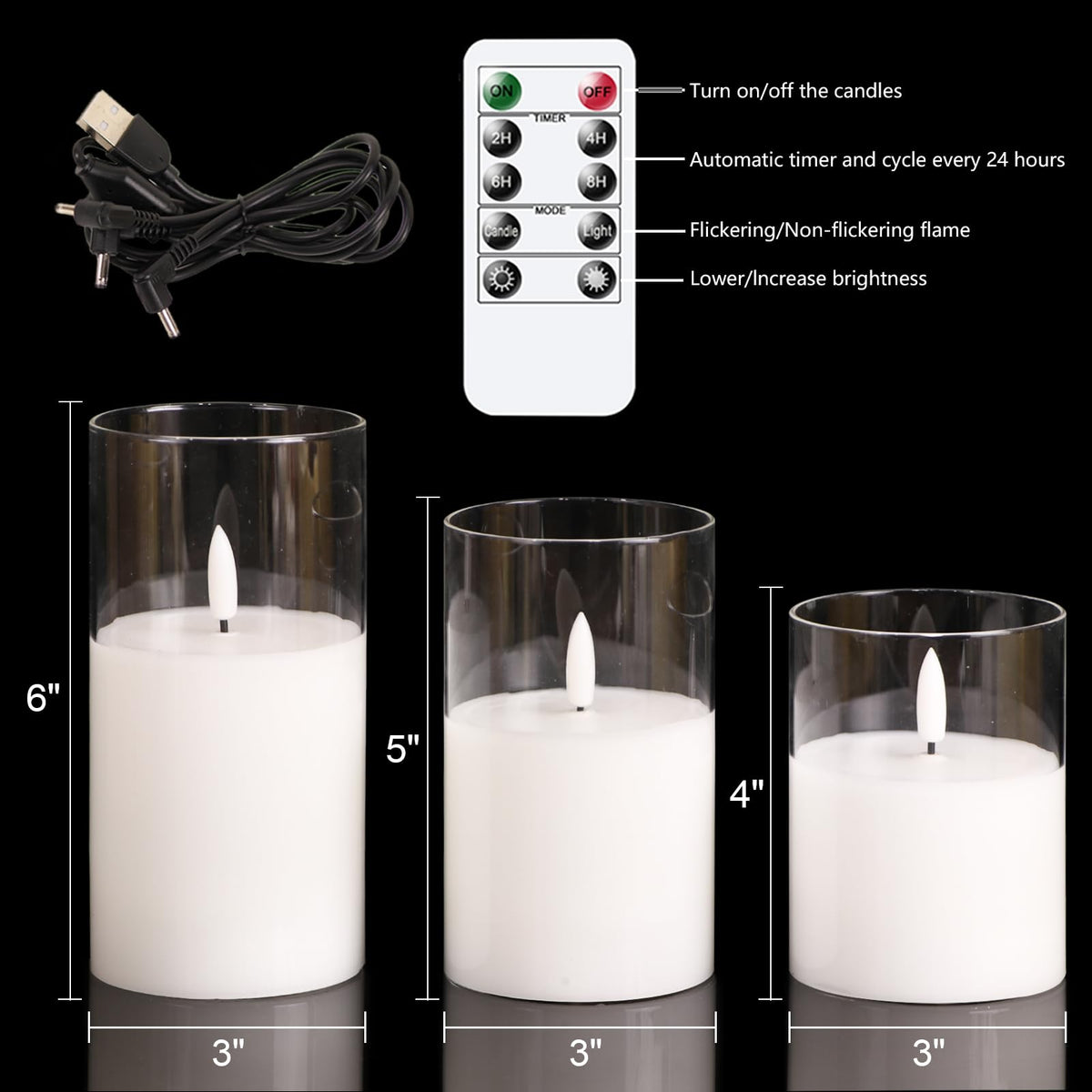 GenSwin Rechargeable Flameless Candles with Remote Timer, Clear LED Battery Operated Candles with Flickering Flame, Glass and Real Wax Pillar Candle Holiday Home Decor(Set of 3, D3”xH4”5”6”)