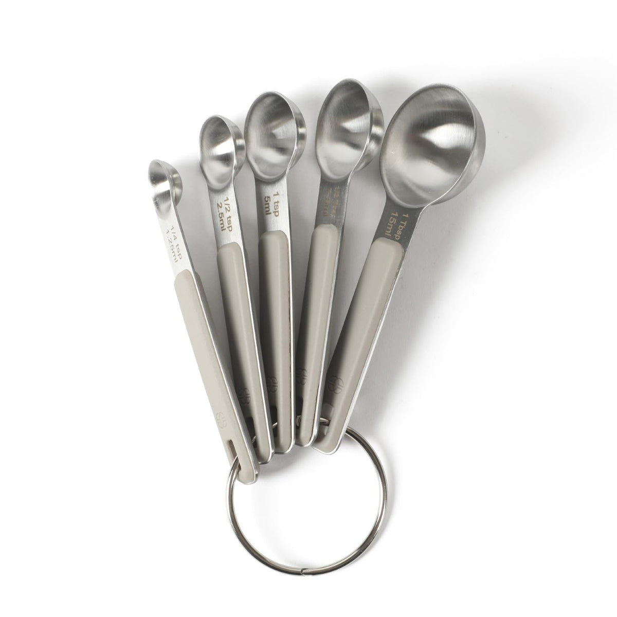 Calphalon Prime Measuring Spoons, 5-Piece Stainless Steel Measuring Spoon Set with Taupe Silicone Handles, Accurate Kitchen Measuring Tools for Spices, Baking & Small Portions