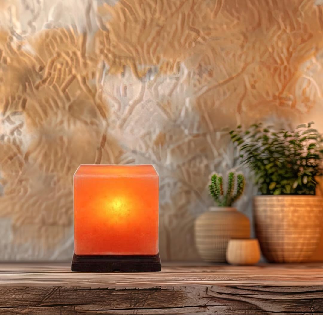 NatureBoost NB Himalayan Pink Salt Lamp 8 x 6 x 6 Inches – Cube Shape Natural Crystal Rock Salt Lamp with Dimmer Switch & Extra Bulb – Warm Amber Glow Night Light for Bedroom, Office & Living Room