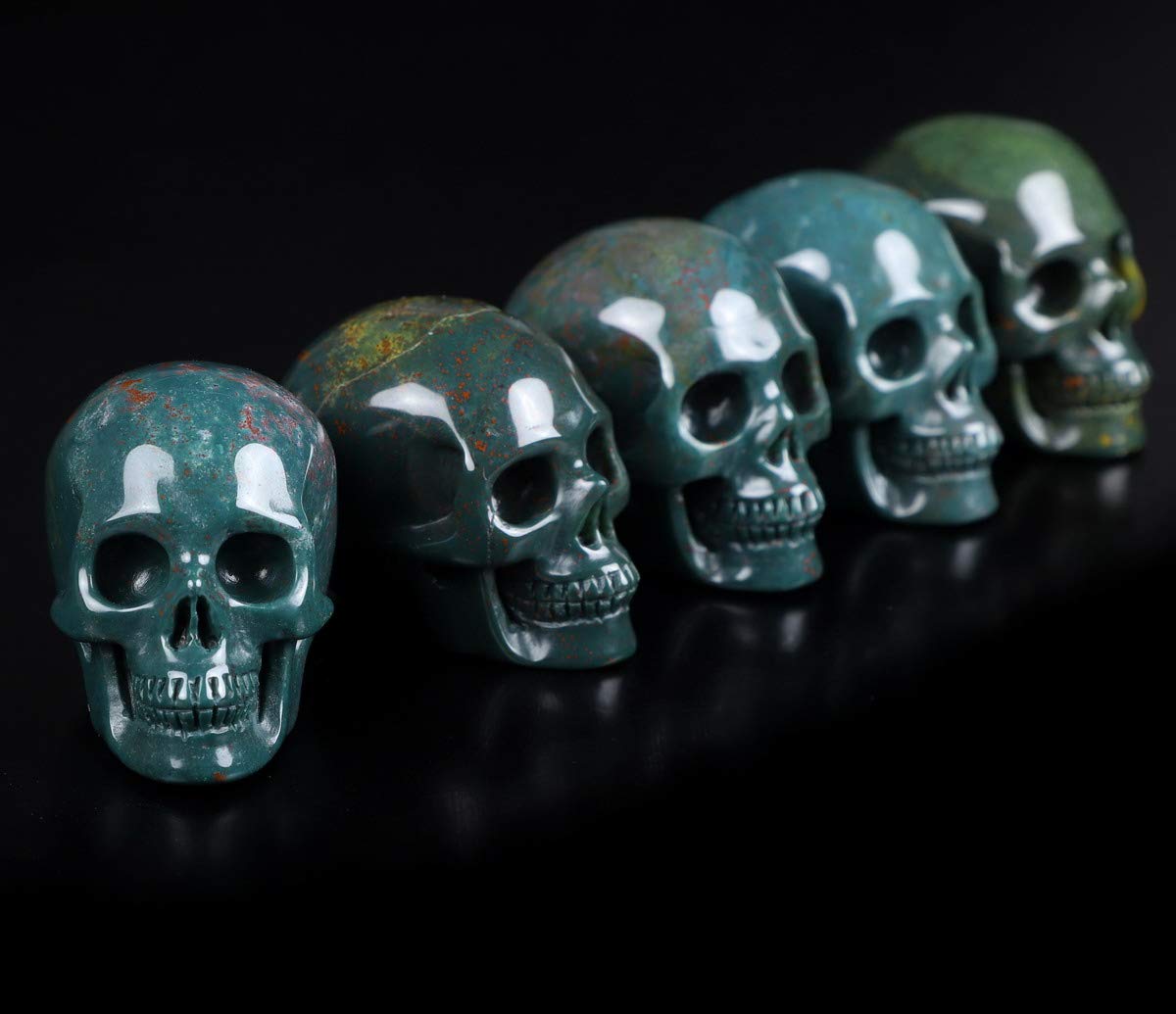 Skullis 2.0" Bloodstone Crystal Skull, Hand Carved Gemstone Fine Art Sculpture, Reiki Healing Stone Statue.
