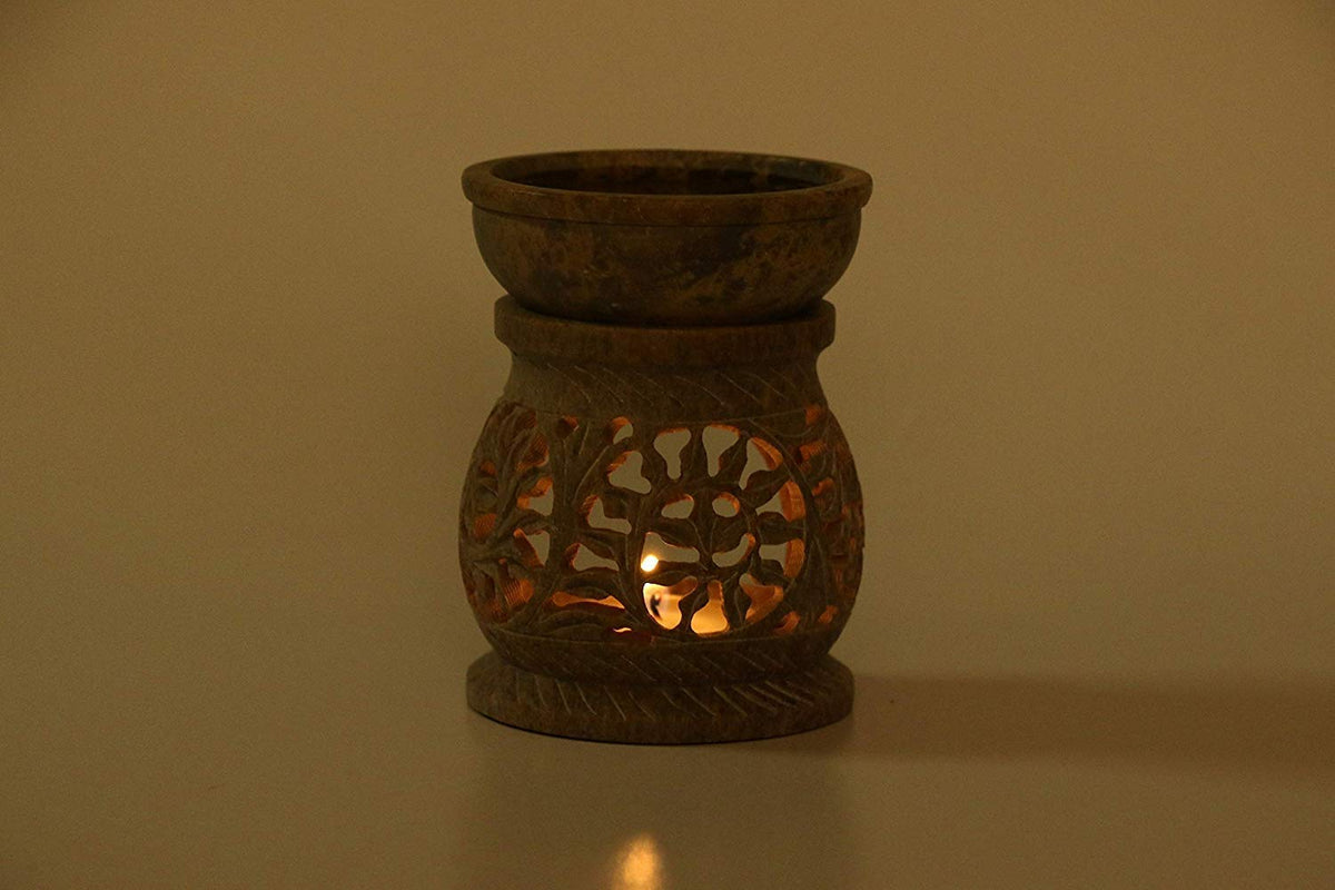 KC Kullicraft Marble Soapstone Candle Aroma Burner | Oil Diffuser | Tea Light Holder | Wax Burner- Handmade Flower Carving for Gifting & Decoration | Decorative Home and Office Decor.