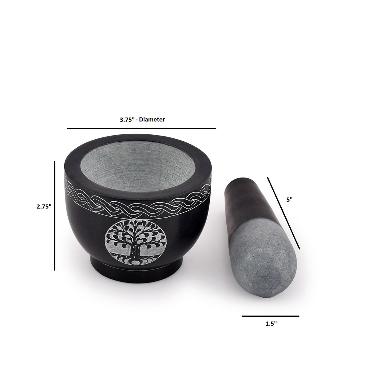 Samhita Tree of Life Natural Stone Mortar & Pestle Mortar Diameter- 3.75"x 2.75" Pestle-5" x 1.5"