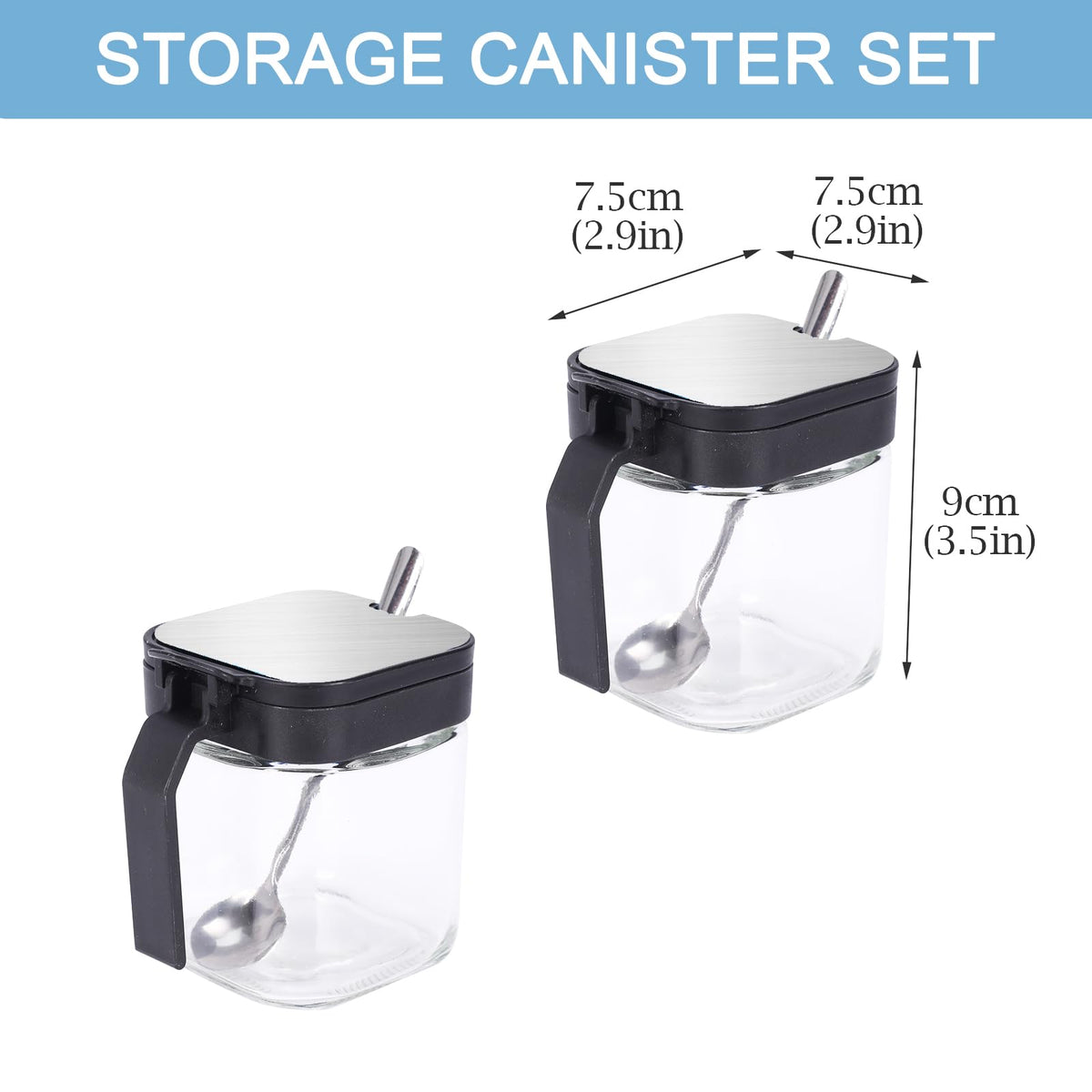 Mowhut Clear Seasoning Containers, 2 Pieces Condiment Containers with Stainless Steel Lids and Spoons, Glass Salt and Pepper Shakers, Sugar Dispenser for Salt Sugar Tea Herbal Coffee Beans