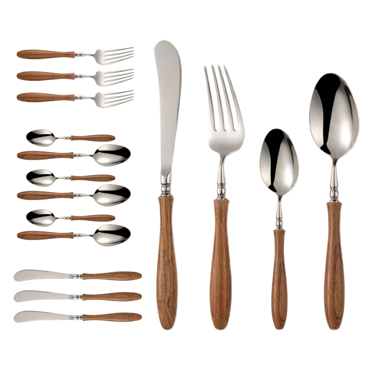 Uniturcky 16 PCS Stainless Steel Flatware Set with Wood Handle, Family Cutlery Set for 4, Dinnerware Set with Spoon Fork Knife, PearWood Handle Silverware Utensils, Mirror Polished