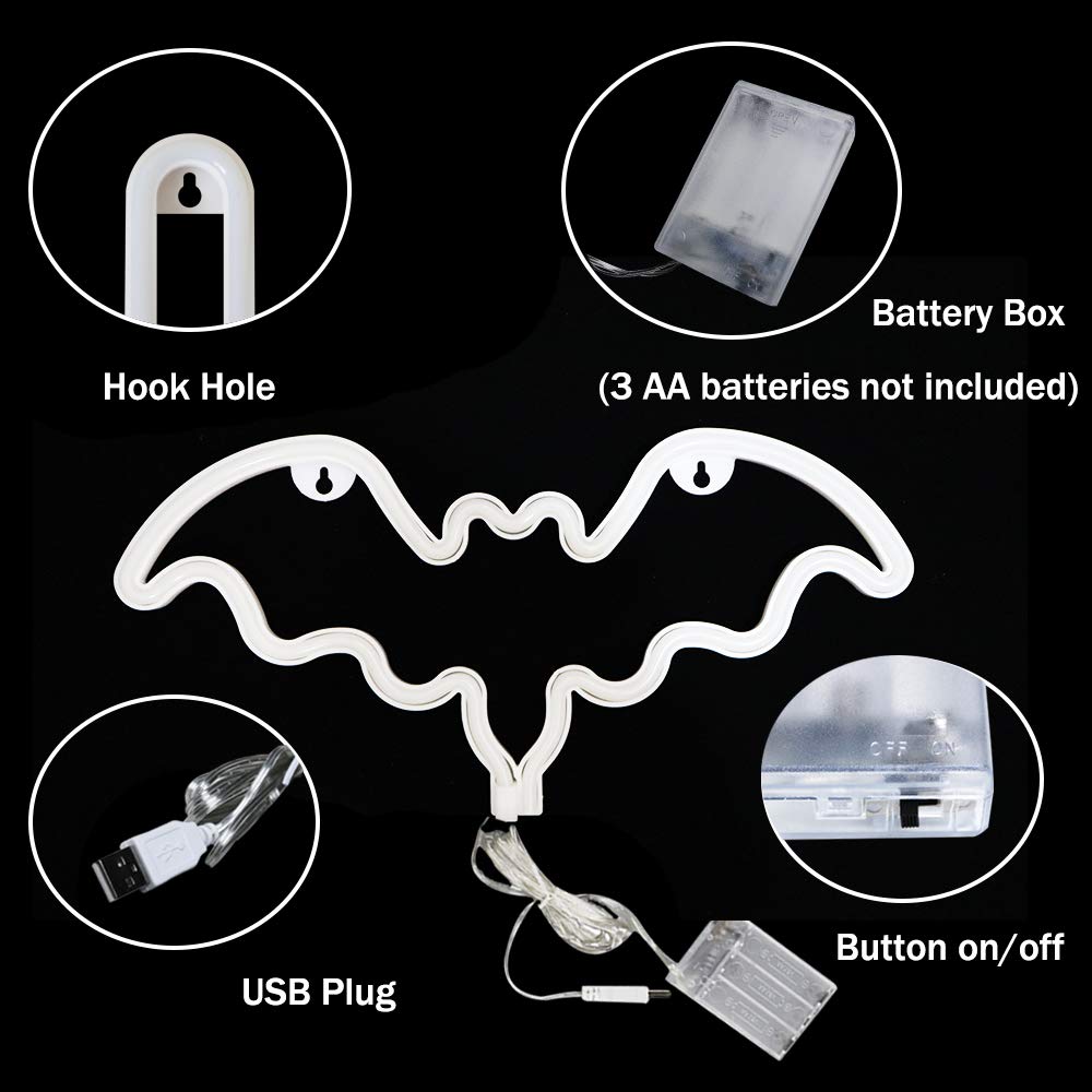 Vicila LED Neon Bat Lights Halloween Decor, Bat Shape Neon Signs Goth Night Lights Battery Operated Desk Table Lamp for Bedroom, Bar, Wall, Coffin Decor-Bat(Pink)