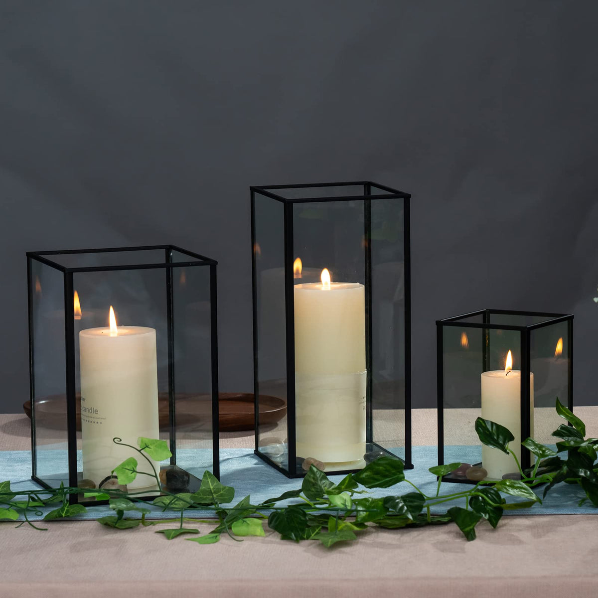 Phosphor Large Glass Hurricane Candle Holder Set of 3 PCS Black Glass Candle Holder for Thankgiving Wedding Party Holiday