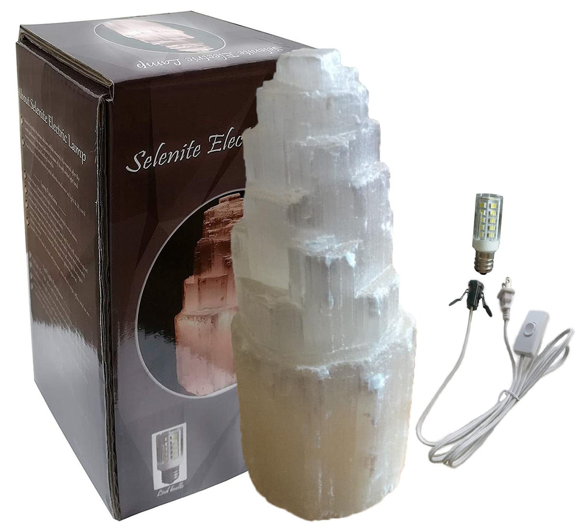 JIC Gem Natural Selenite Lamp 8" White Selenite Crystal Rock Tower Lamp with Switch Cord and LED Bulb