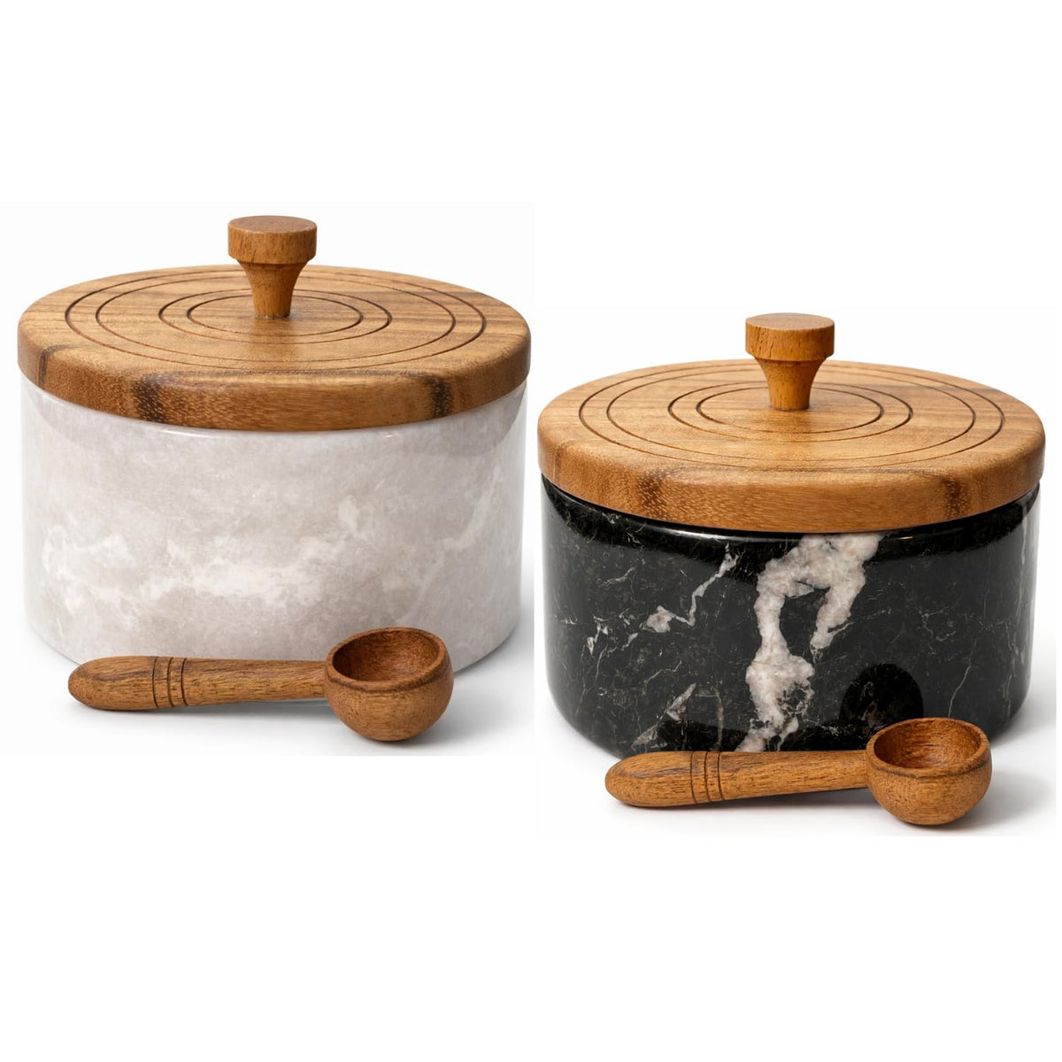 Marble salt and pepper containers with spoon, salt cellars with lid and spoons, salt and pepper holders, salt and pepper cellars, marble salt and pepper bowls with wooden lid - White/Black