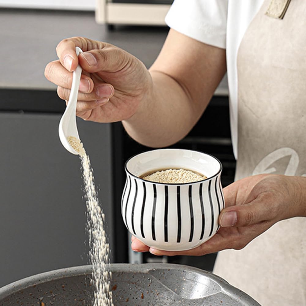Ceramic Spice Jars Porcelain Condiment Jars Set with Spoon and Lid Condiment Pots for Salt, Sugar, Pepper Seasonings Set of 3 (Black Tabletop Rack)
