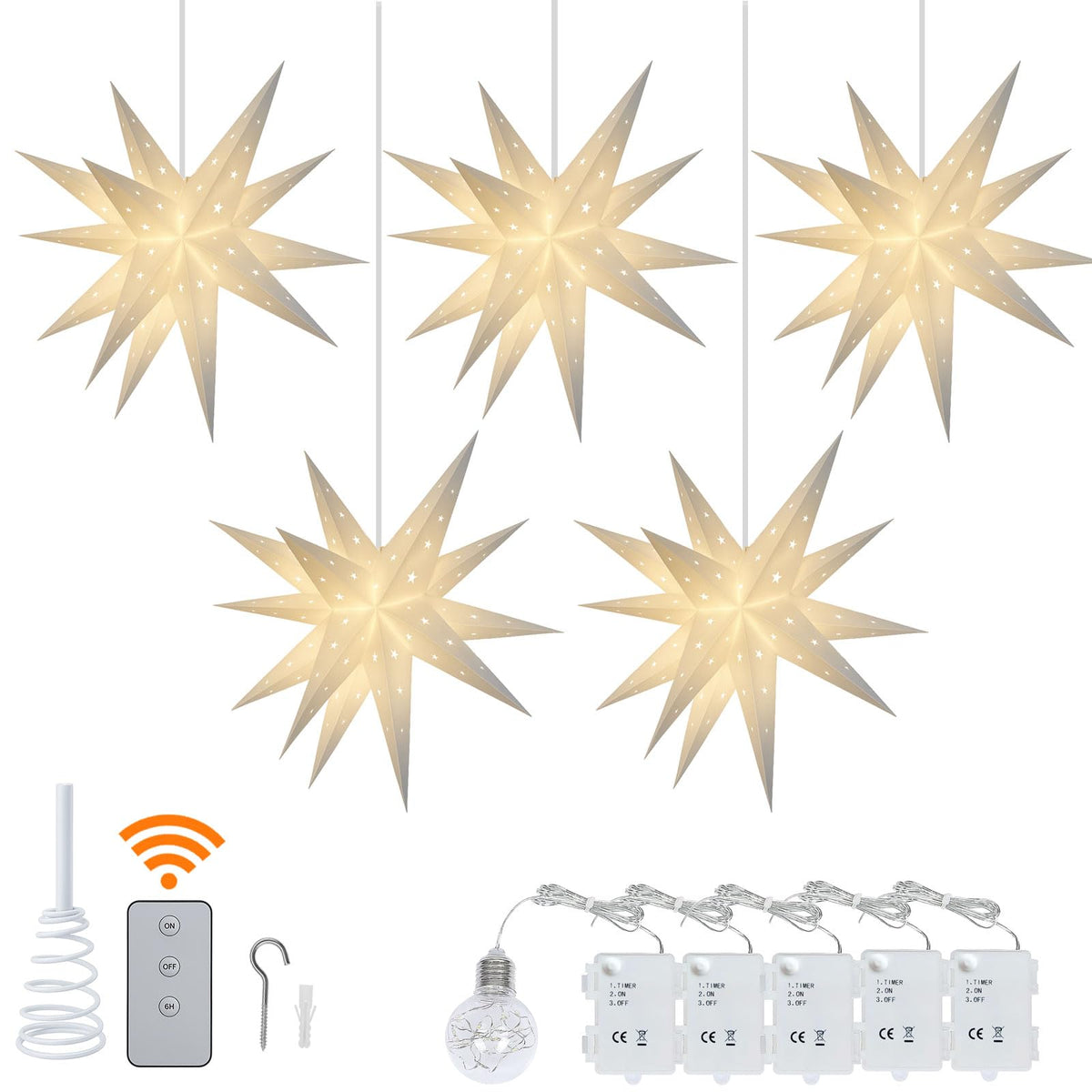 YPGFDZYDHH 5 Pack 18" Moravian Star Outdoor Light, Moravian Star Christmas Tree Topper Lighted Battery Operated, Remote Control Hanging Outdoor Star Light for Advent Courtyard, Porch-White Cutout