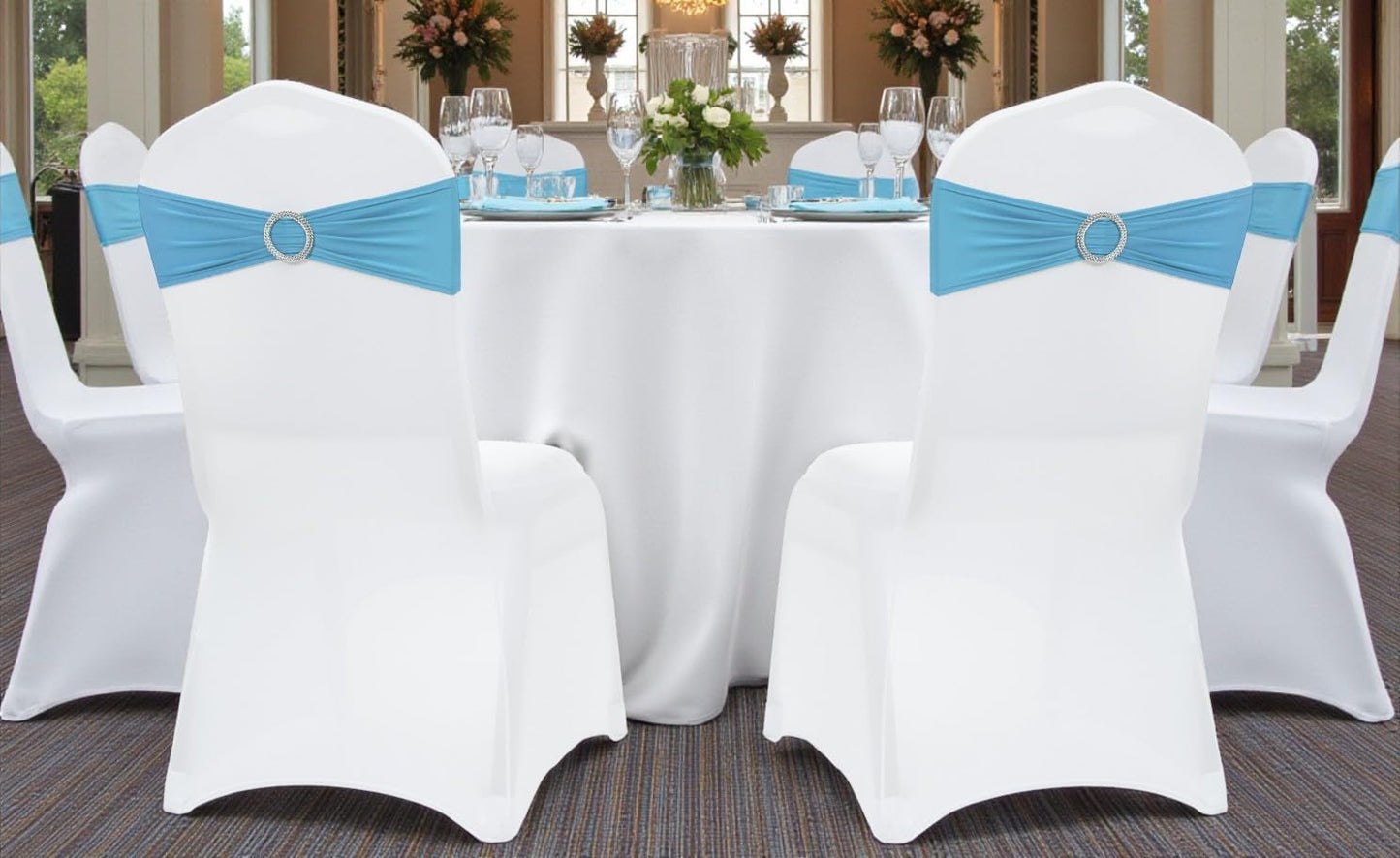 MDS Spandex Chair Sashes - Premium Stretch Covers with Buckle Slider for Weddings & Events | Blue, Pack of 75