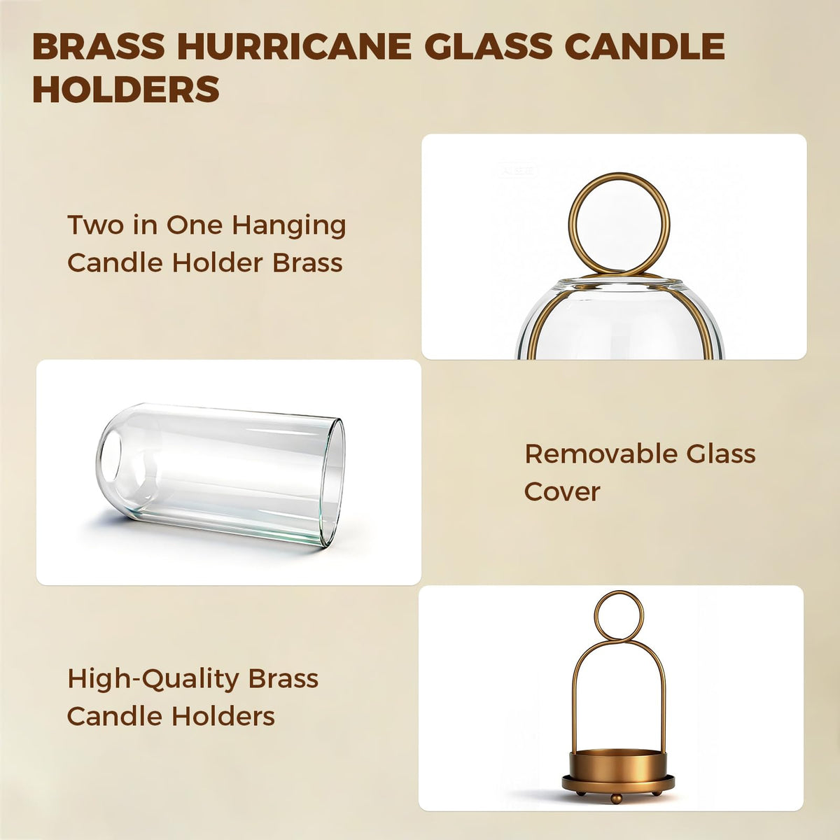 Havmorph 5"&4" Hurricane Glass Candle Holders, Hanging Brass Metal Candle Holder for Pillar Candles Table Coffee Table Decor Interior Decoration