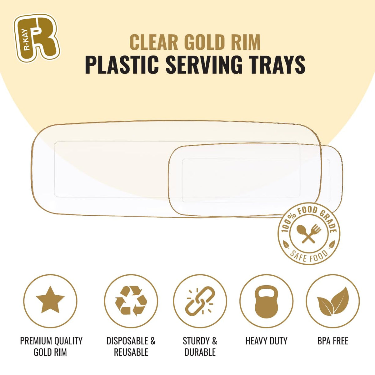 R-kay 4 Pack Plastic Serving Trays For Party - Gold Serving Tray 17 by 6.5 Inch - Heavy Duty Clear Trays For Food - Long Party Serving Trays For Entertaining - Clear Platters