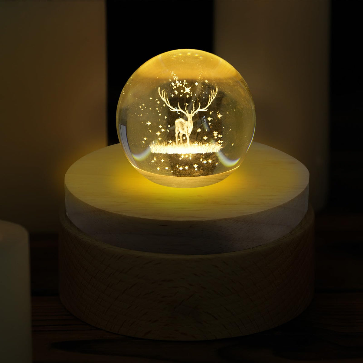 Olutacot 10 Pcs Wooden LED Display Bases Round Wood Display Lighted Bases for Glass Art LED Lighted Display Stand Bases for 3D Crystal Ball Room Office Home Decor