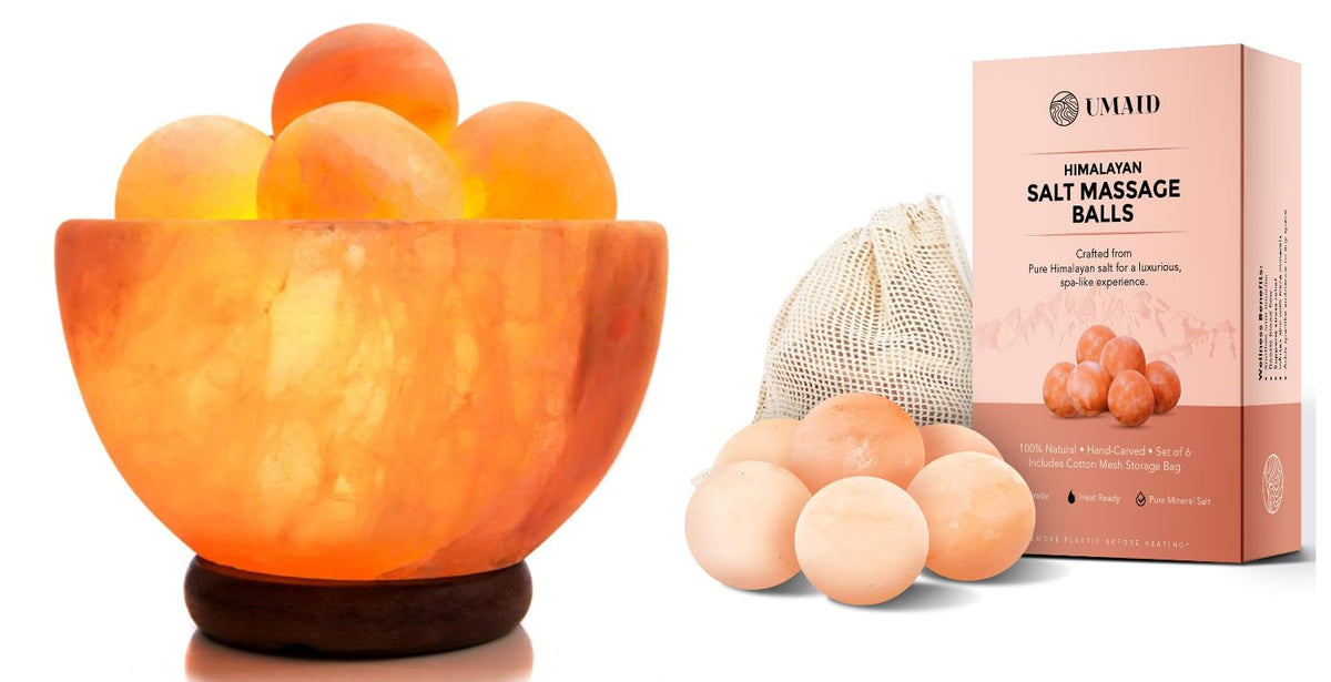 UMAID Himalayan Salt Lamp Bowl with Massage Balls and Additional 6-Pack Bundle