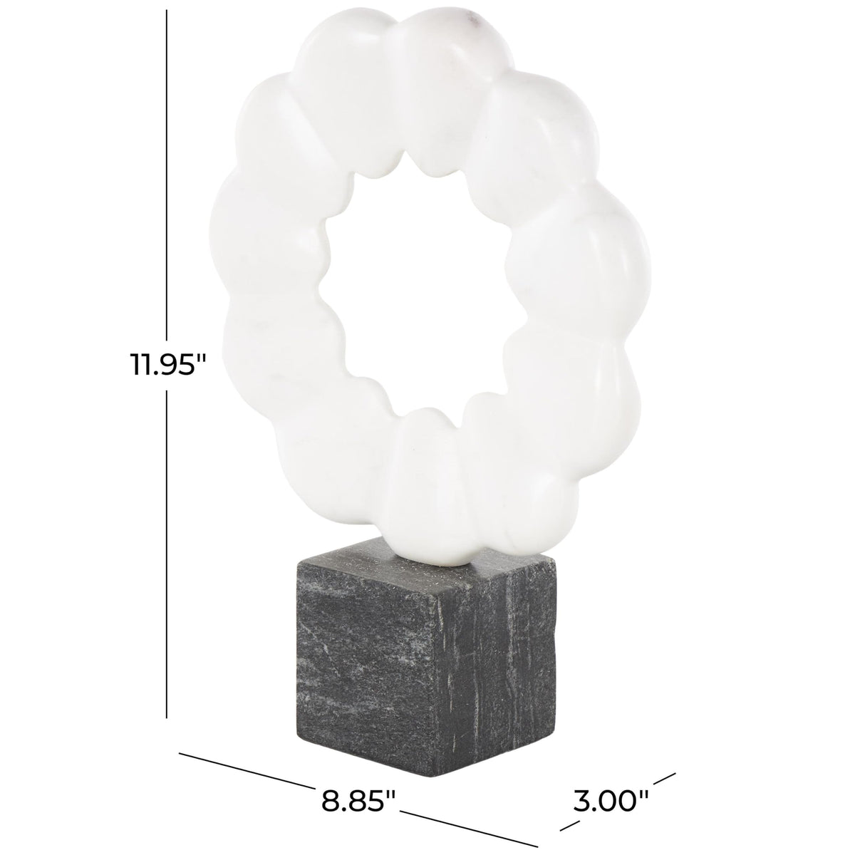 Deco 79 Marble Geometric Decorative Sculpture Floral Inspired Ring Home Decor Statue with Black Block Base, Accent Figurine 9" x 3" x 12", White