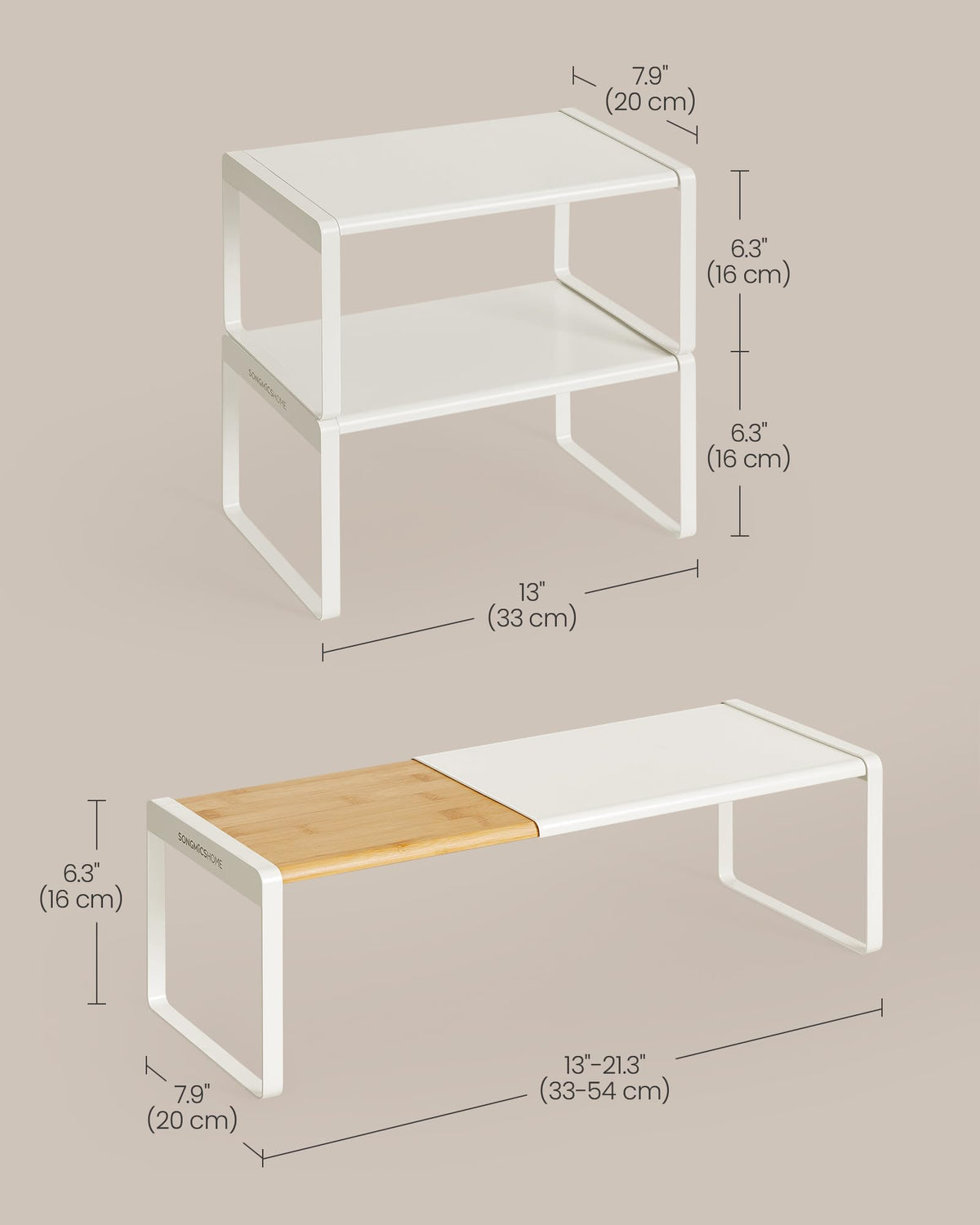 SONGMICS HOME Spice Racks, Expandable Cupboard Shelf Orgnizers, Kitchen Counter Shelves, Bamboo and Metal, Space-Saving Shelving, Stackable, Light Bamboo and Cream White UKCS051N01
