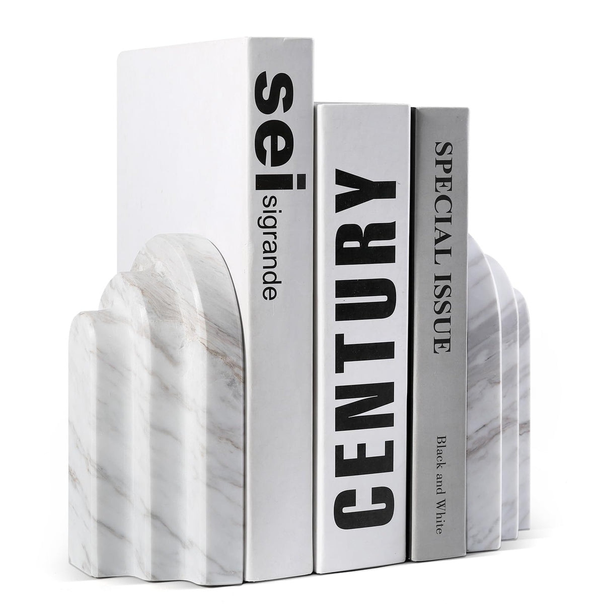 Natural Marble Book Ends - Heavy Duty Bookends for Shelves - Aesthetic Layered Arch Design Stone Book Holders, Modern Office Bookshelf Stopper Decor for Books/CDs (Volakas)