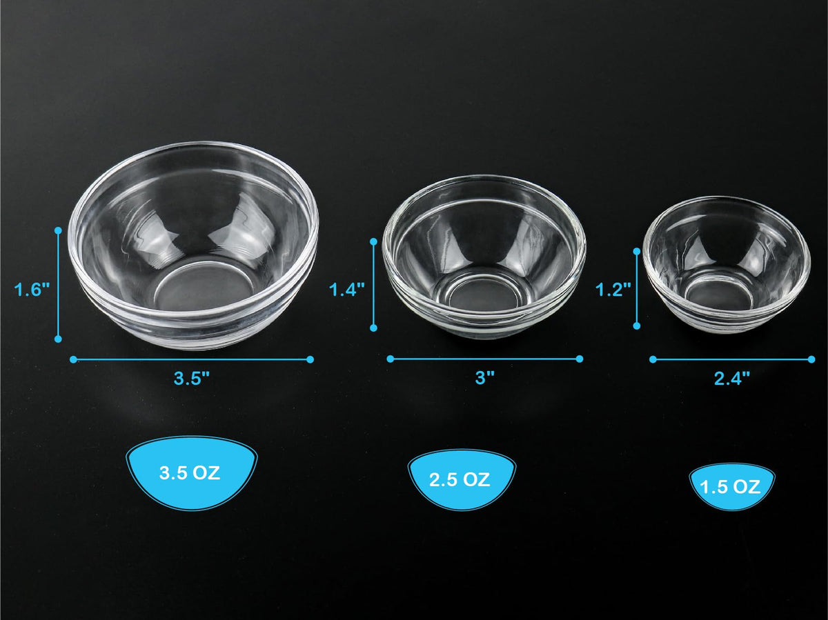 1 Pack Glass Honey Dipper, 6 Inches Clear Drizzler for Honeypot, Honeycomb Spoon Mixing Stirrer + 3 Sizes of Glass Prep Bowl Sets, Small Pinch Bowls for Salt, Spices, 1.5oz/2.5oz/3.5oz, Set of 12
