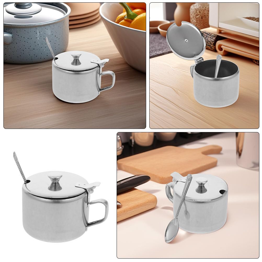 DEARMAMY Stainless Steel Sugar Bowls Set with Lid and Spoon 3-Piece Multipurpose Kitchen Countertop Containers for Sugar Salt Pepper Spices 3.93X3.14X2.67 Inch