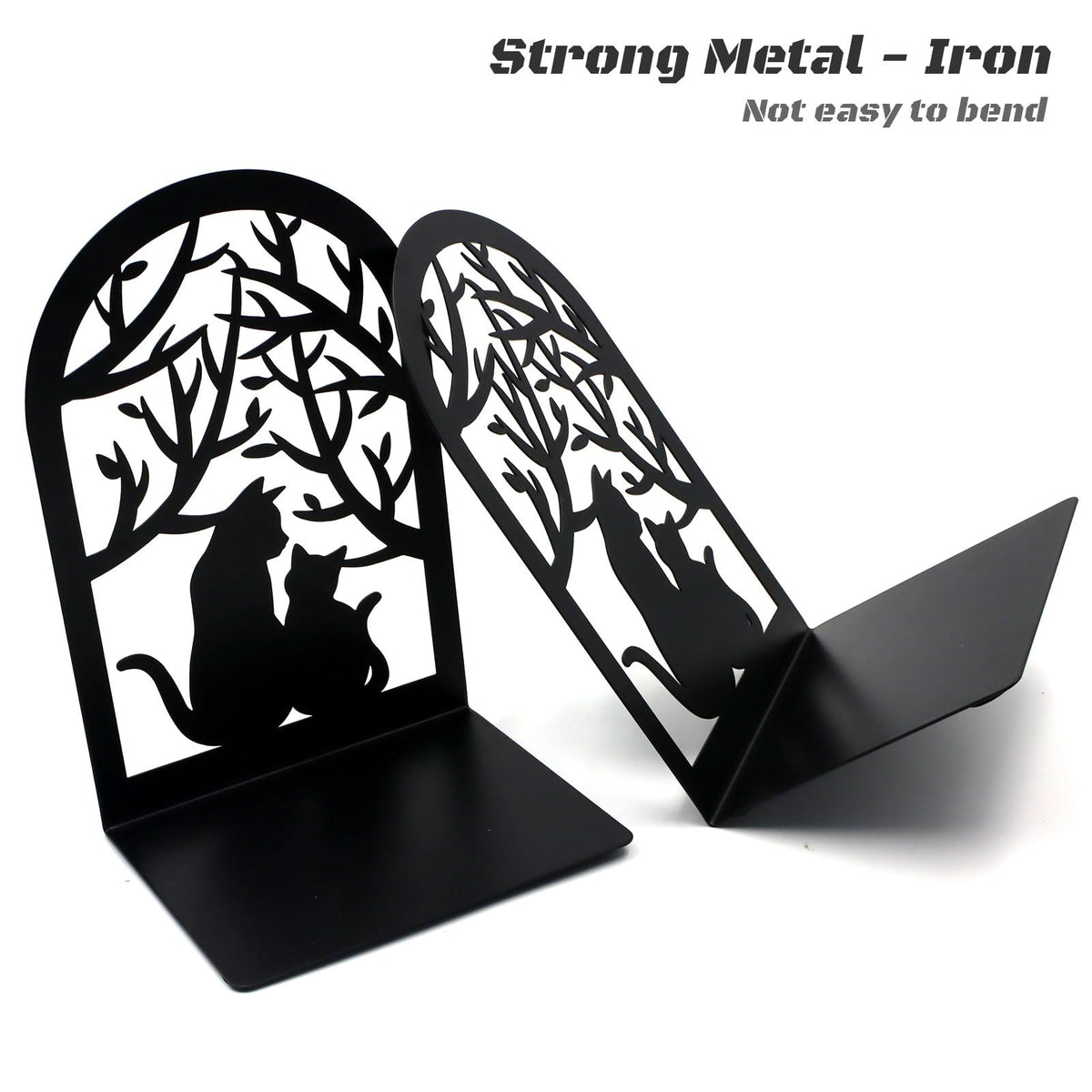 Book Ends, Bookends, Metal Bookend, Cat Decorative Bookends, Bookends for Shelves, Home Decorative Bookends for Heavy Books, Black Non-Skid Book Stopper, 7 x 4.7 x 4 inch (2 Pair)