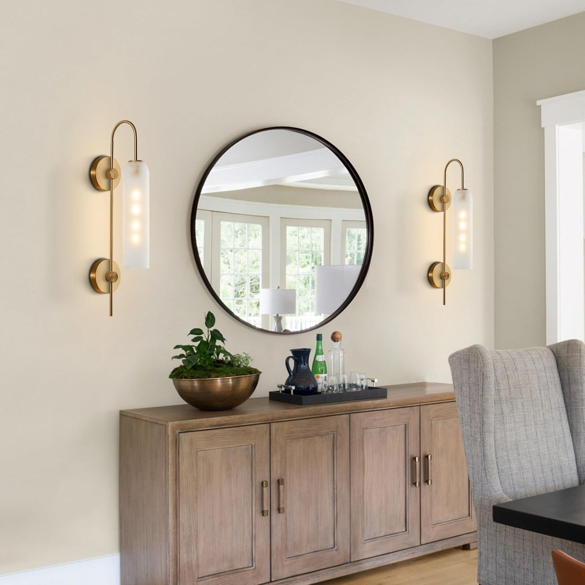 BOKT Mid Century Modern 1-Light Wall Mounted Light Brushed Gold Metal Wall Sconce Lighting Minimalist Anti Brass Wall Sconce Lamp White Glass Bathroom Vanity Light Fixture (White)