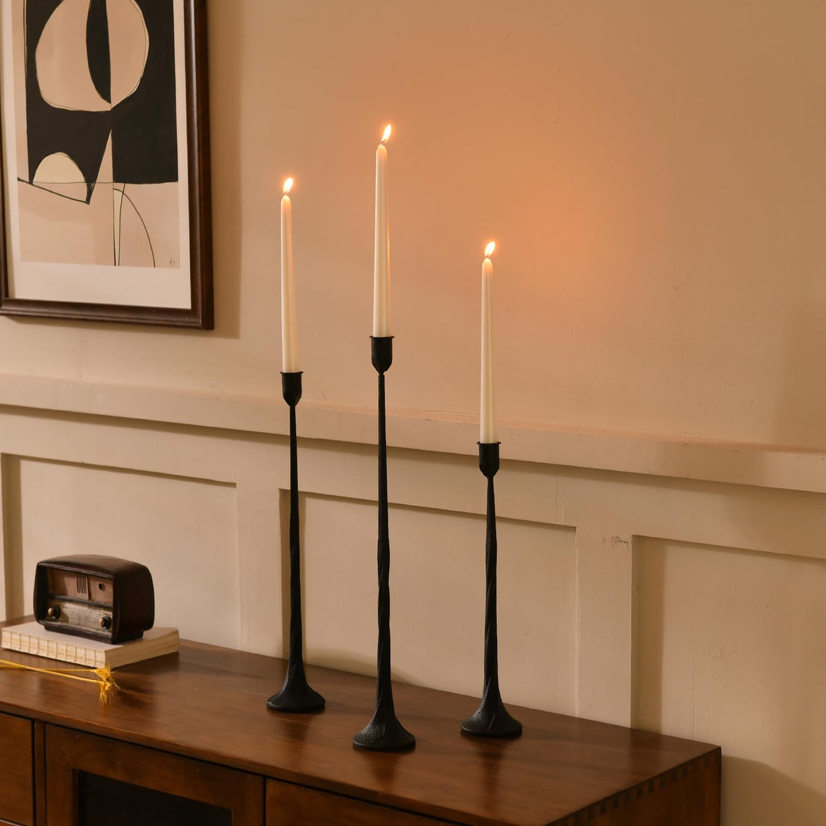 Set of 3 Candle Stick Holders, Iron Black Candlestick Holders, Fits 3/4 inch Fits 3/4 inch Thick Candles, Tapered Candle Holders Tall Set for Dining Table, Wedding, Home Decoration
