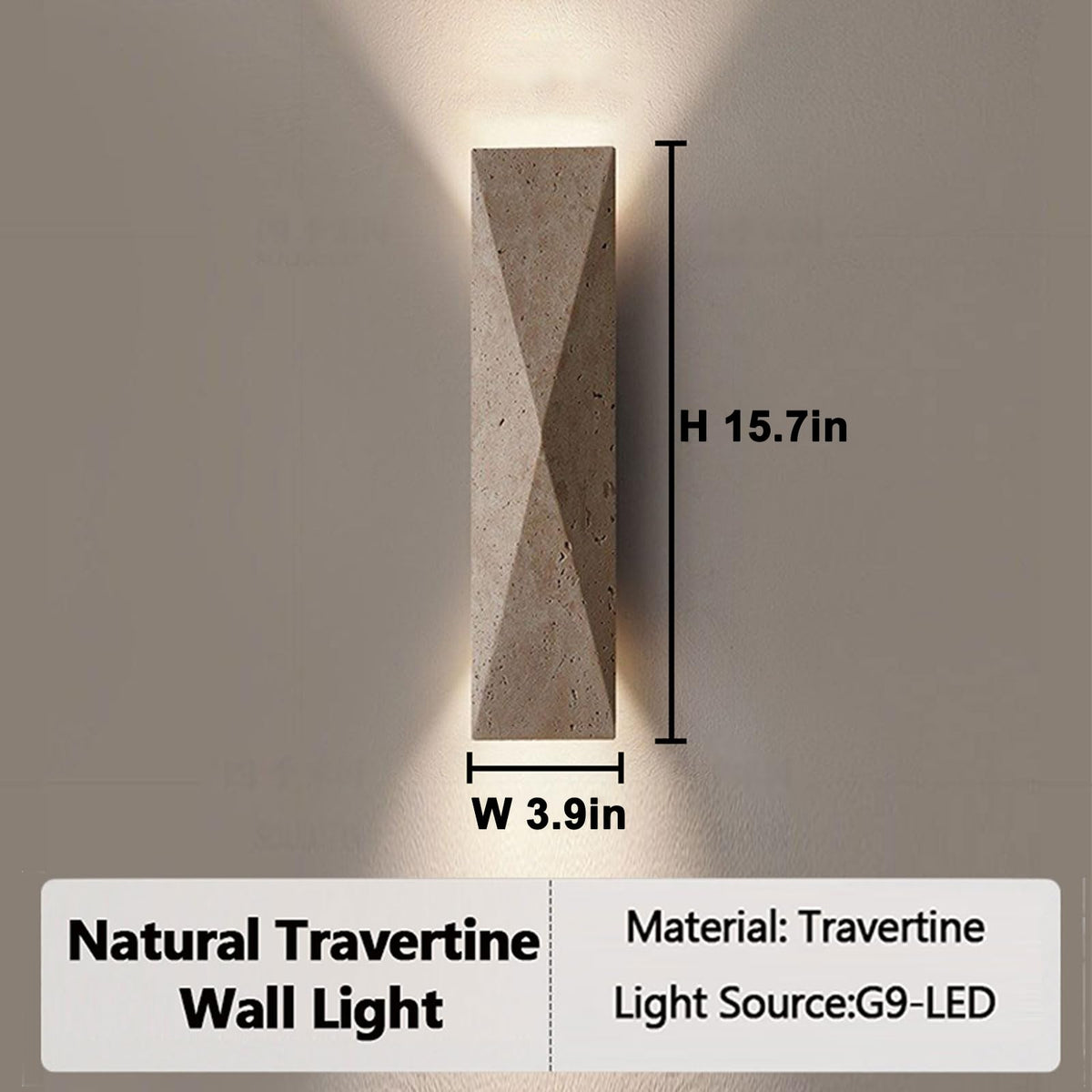 PLSDH Modern Travertine Wall Sconce, 15.7" Natural Yellow Stone Wall Lamp, Geometric Wall Light, 2-Light G9, Up Down Sconce for Living Room Bedroom Hallway Entryway