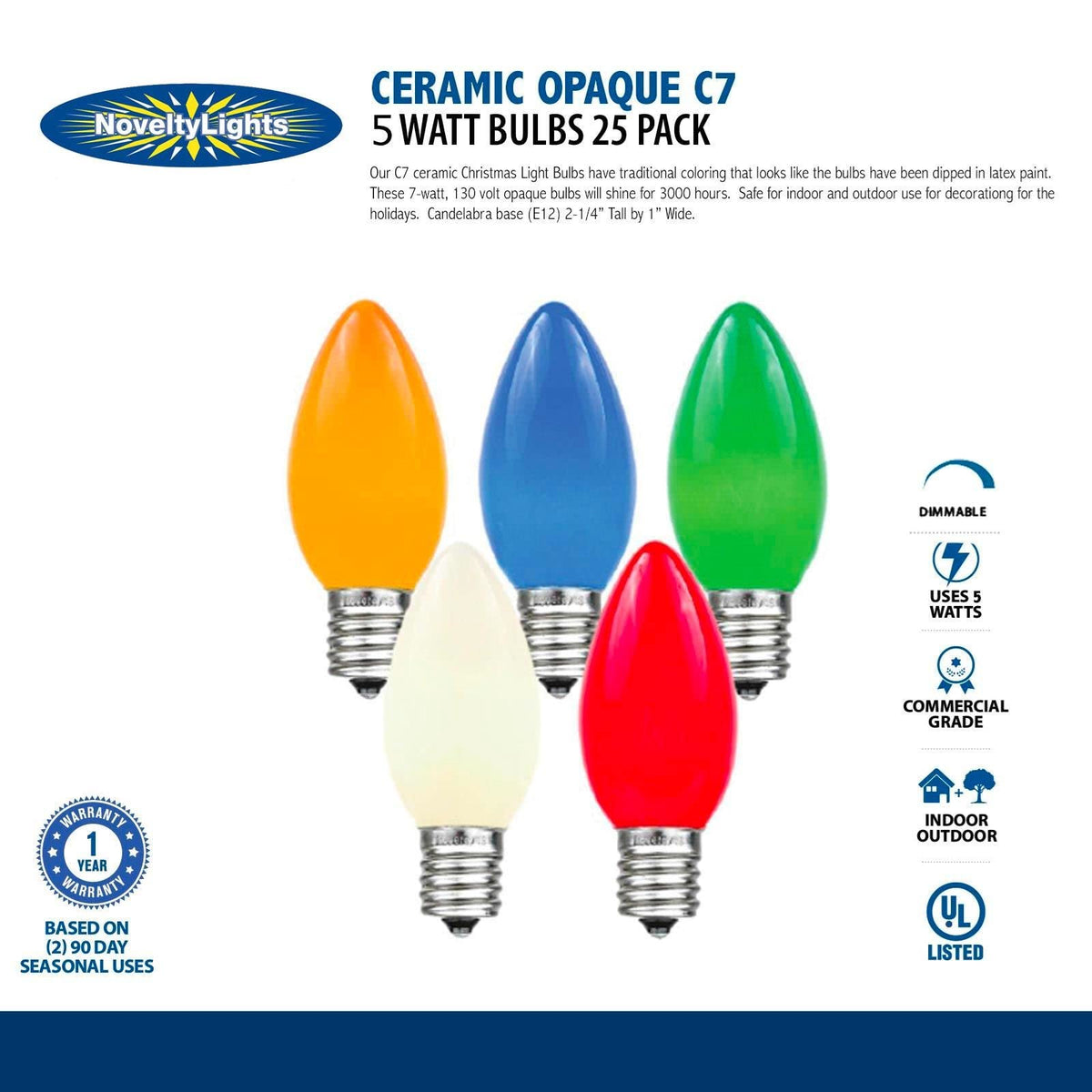 Novelty Lights, Inc. C7-5C-YE Ceramic Outdoor Patio Party Christmas Replacement Bulbs, Yellow, 25 Pack