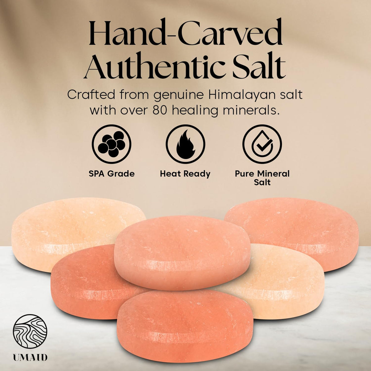 UMAID Himalayan Salt Massage Stones 6-Pack – Pink Crystal Spa Stones with Cotton Mesh Bag for Relaxation, Self-Care, Meditation & Wellness, Unique Spa Gifts for Men & Women