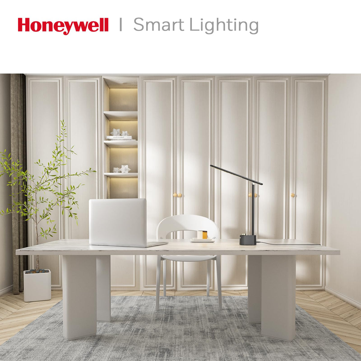 Honeywell Sunturaluxโข LED Desk Lamp with USB Charging Ports HWT-H01 - Stepless Dimmable Eye Caring Desk Light for Home Office Bedroom Bedside College Dorm, Foldable Table Lamp Reading Lamp Black