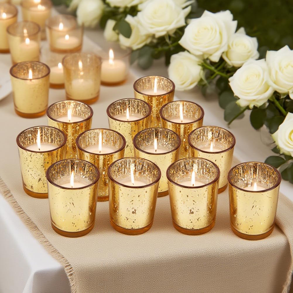 BALITIOYI Gold Mercury Votive Candle Holders 12 Pcs Votives Glass Table Wedding Decorations (12, 2.7" x 2.1")