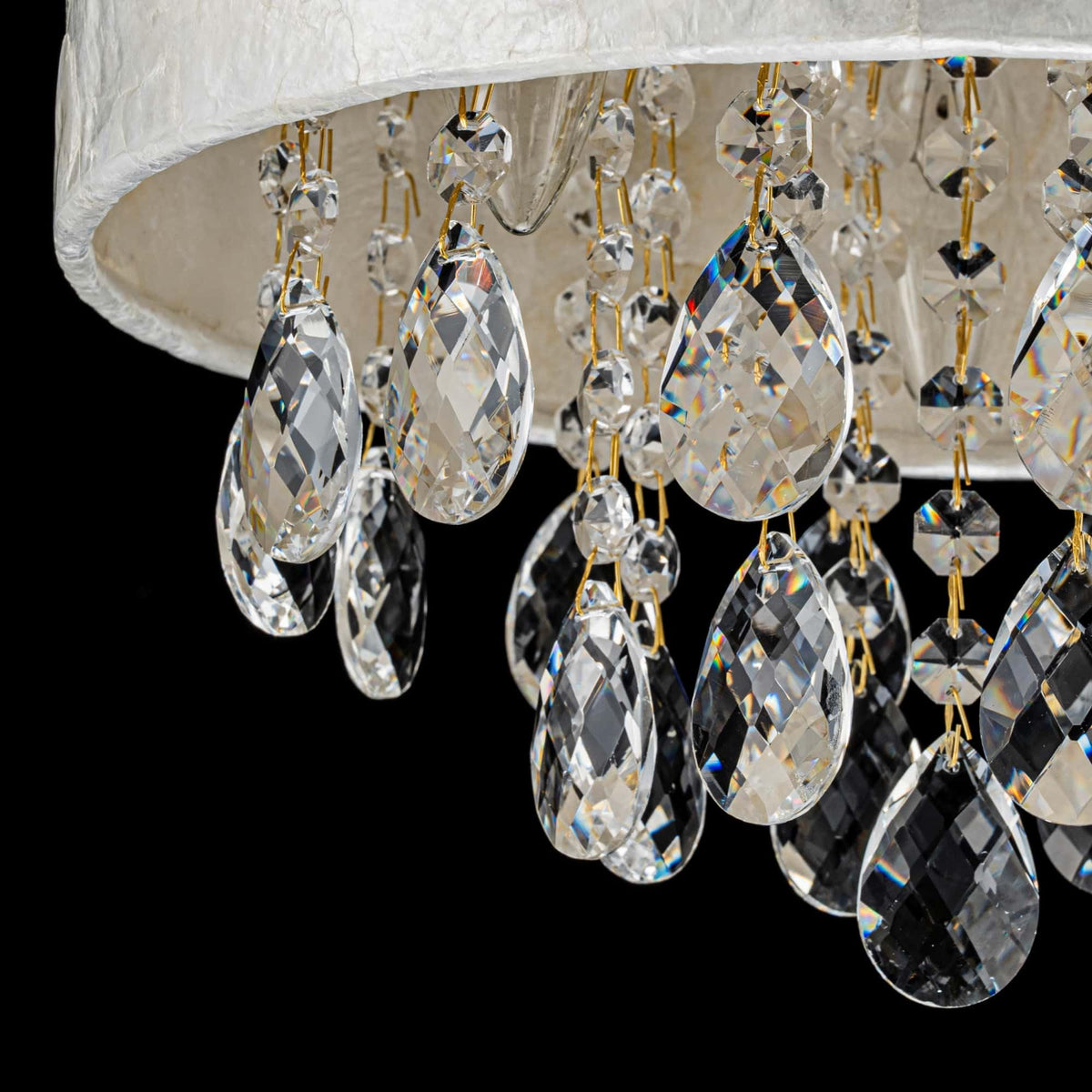 LumFurn D12in Drum Capiz Shell Crystal Ceiling Light, 3-Light Coastal Style Semi-Flushmount Light Fixture for Hallway, Entryway & Bedroom, K9 Crystal & Shell Lampshade & Gold Finish Frame