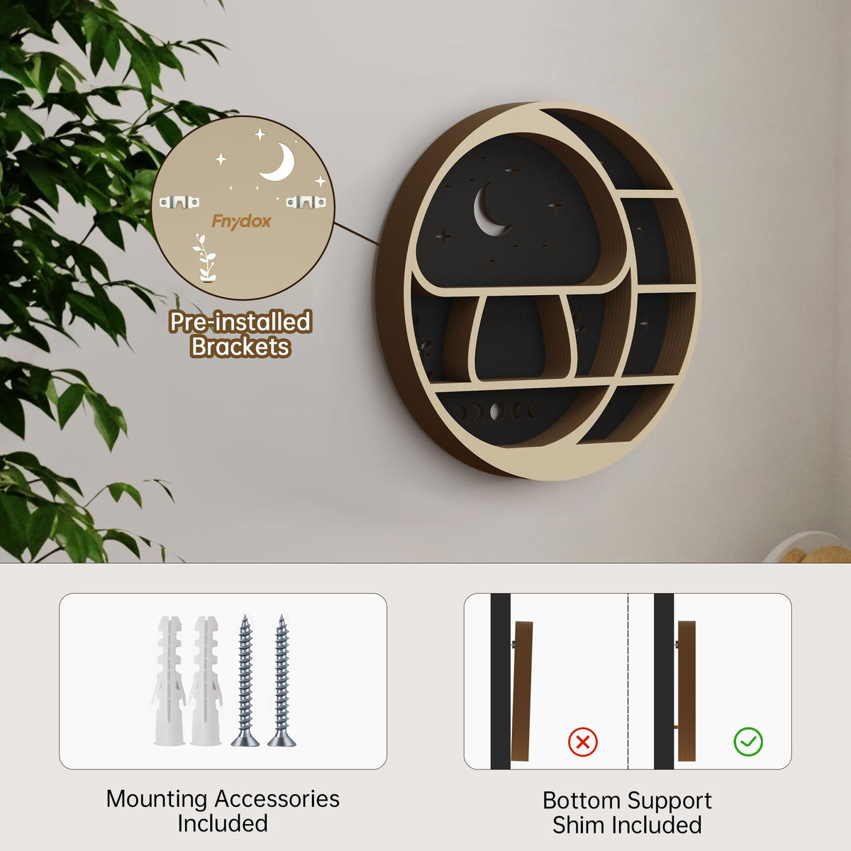 Circle Mushroom on The Moon Wall Shelf with LED, Wooden Trinket Knick Knack Shelf, Witchy Moon Decor Crystal Display Shelf for Rocks Gems Healing Stones, Celestial Room Decor Crystal Holder Organizer