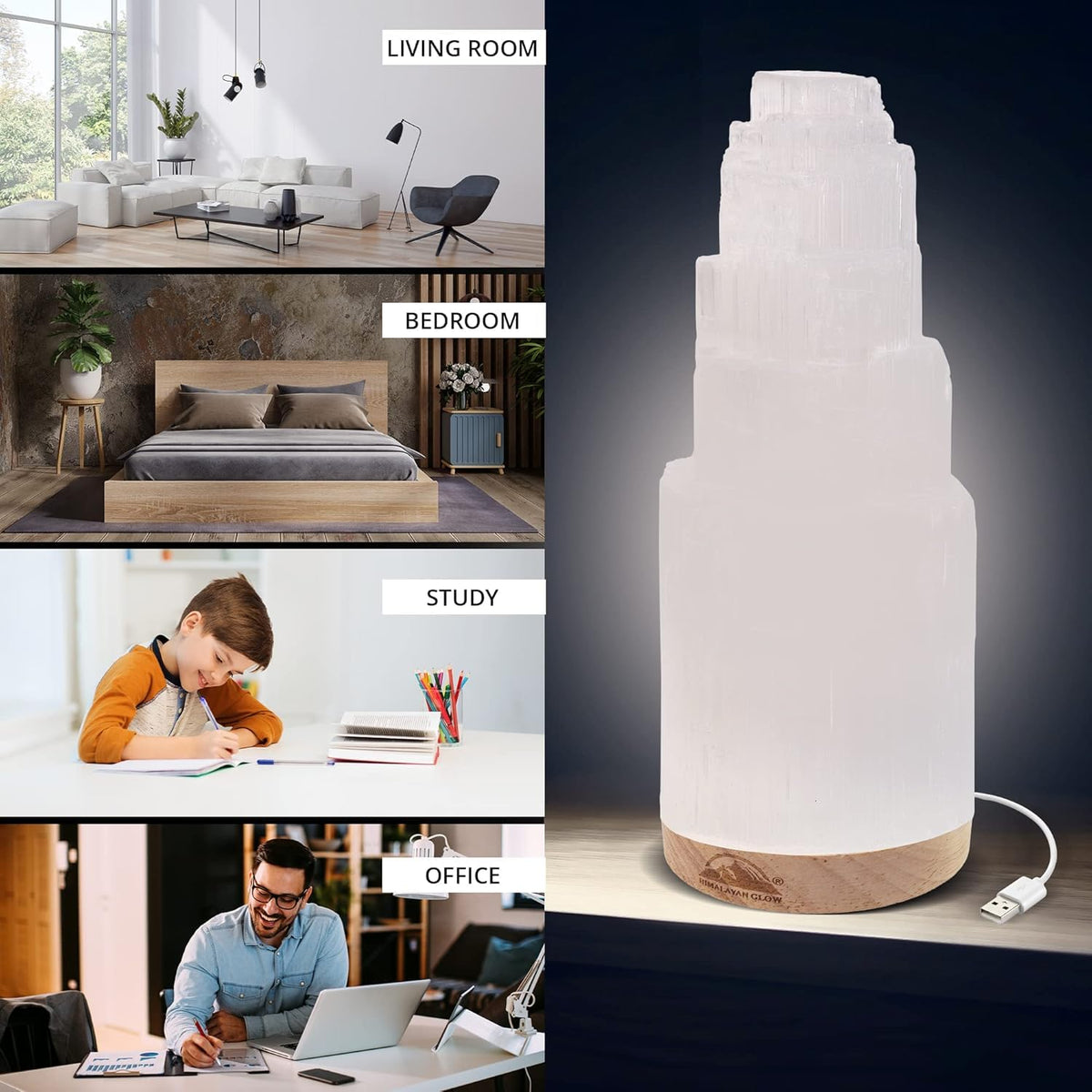 Himalayan Glow Selenite Crystal Lamp 20cm, Moroccan (ETL Certified) Tower Lamp with Wooden Base & USB Charging Cable, Anxiety Relief Healing Crystals for Home Decor