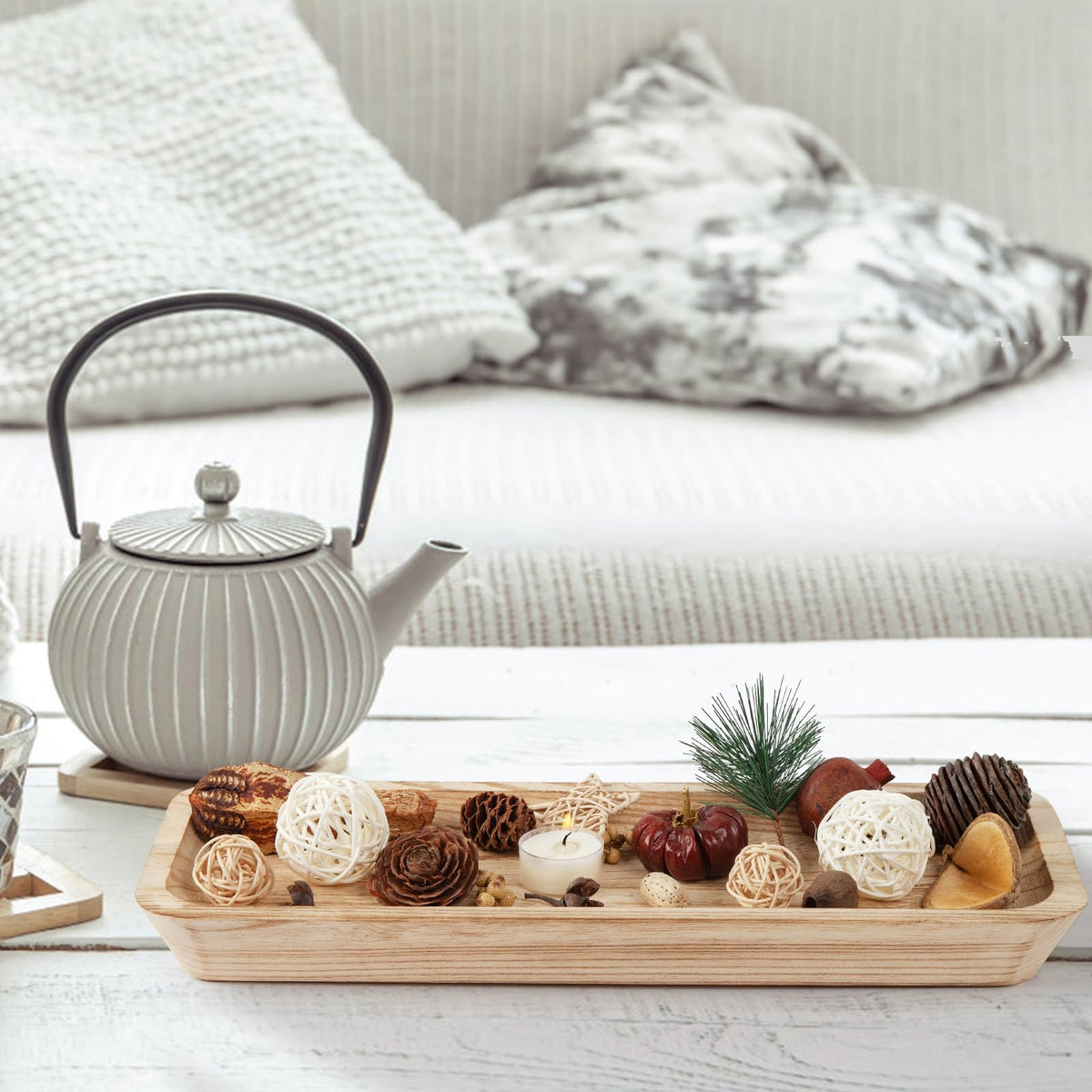 16" Long Wooden Dough Bowl for Home Decor - Rustic Farmhouse decorative bowl, Wood Bowl Kitchen Table Decor, Dining Room Centerpiece with Natural Wood Grain