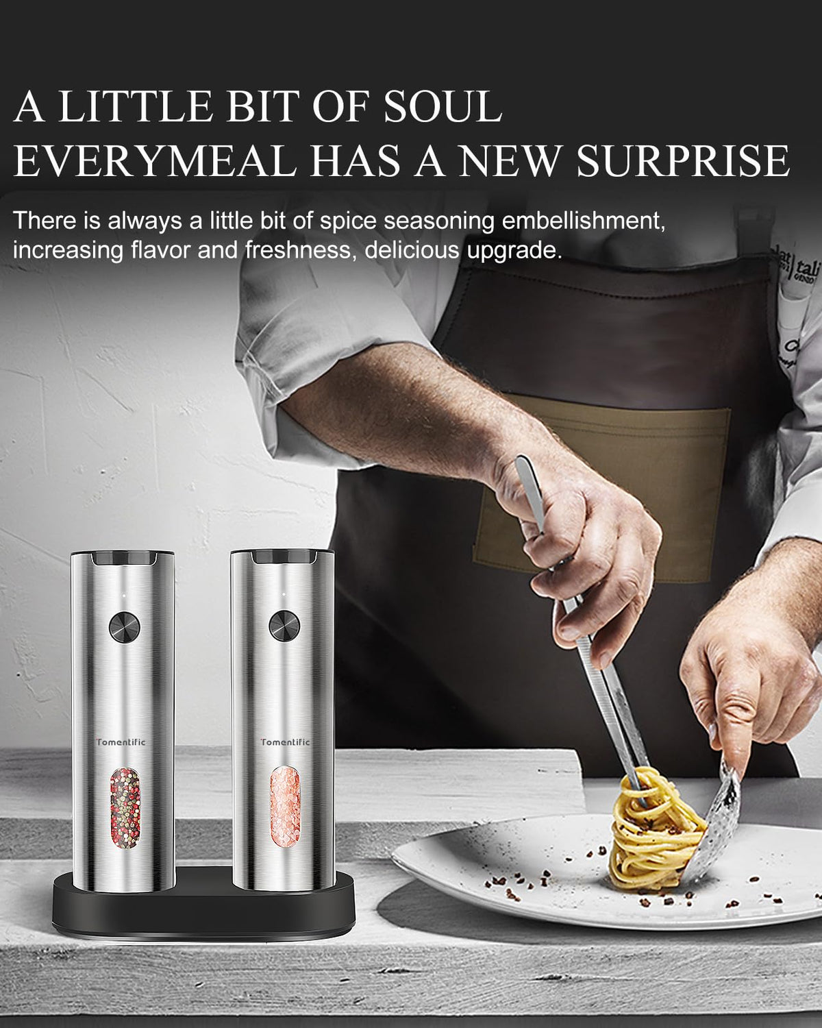 Electric Salt and Pepper Grinder Set with Rechargeable Base - Upgraded Large Capacity, Refillable Pepper Mill Set with LED Light & Adjustable Coarseness, Ideal for Kitchen, Outdoor (Polished Silver)