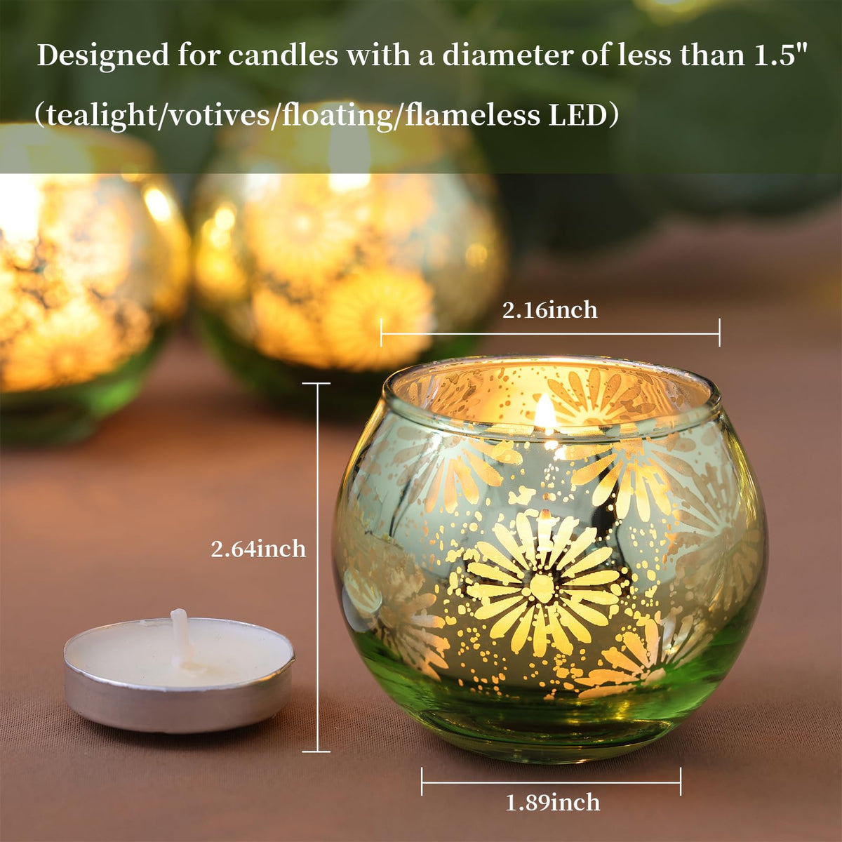 sunnyfuture Green Mercury Glass Votive Candle Holders Set of 12, Round Tealight Candle Holders Bulk for Table Centerpieces, Weddings, Shower Gifts, Christmas, Halloween Party Decorations